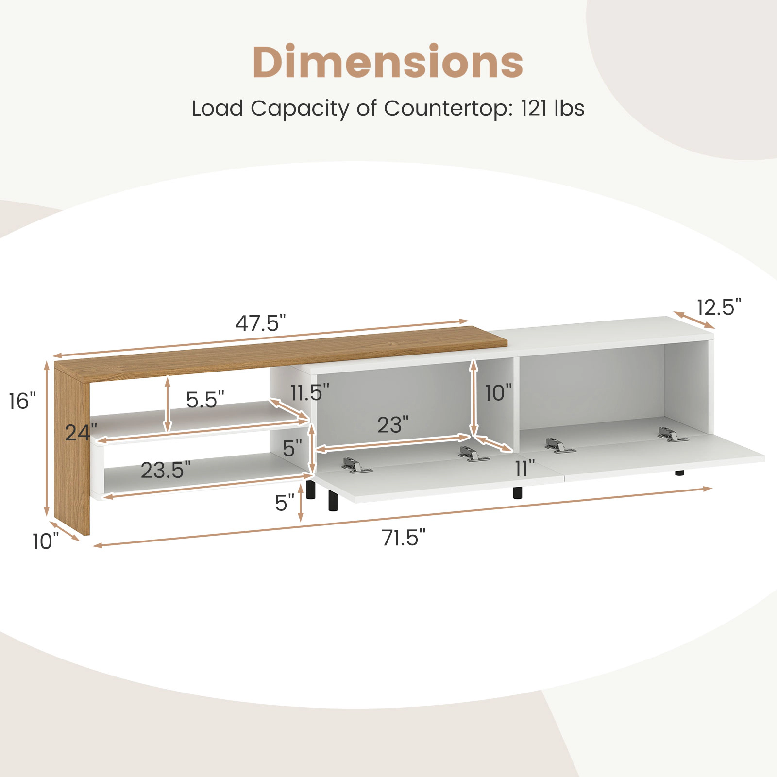 SUGIFT 71.5 in TV Stand White and Natural for 80 in TVs with Open Shelves and Cabinets