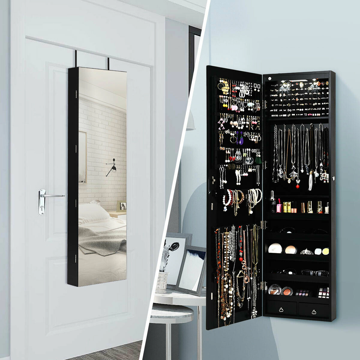 Glintex Mirrored Jewelry Armoire with 98 Ring Slots 36 Hooks and 2 Drawers
