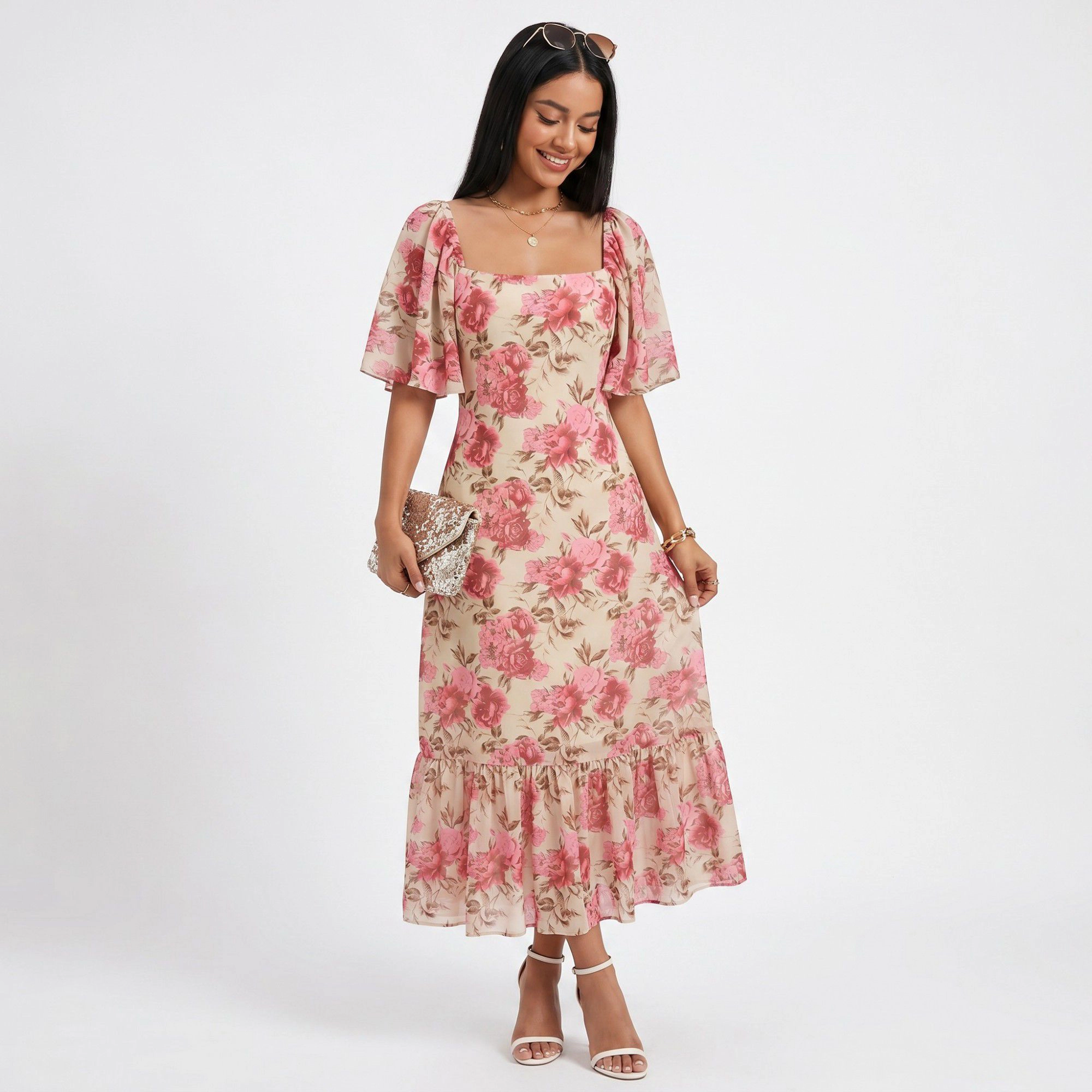 Anna-Kaci Women's Floral Square Neck Flutter Sleeve Ruffle Hem Midi Dress