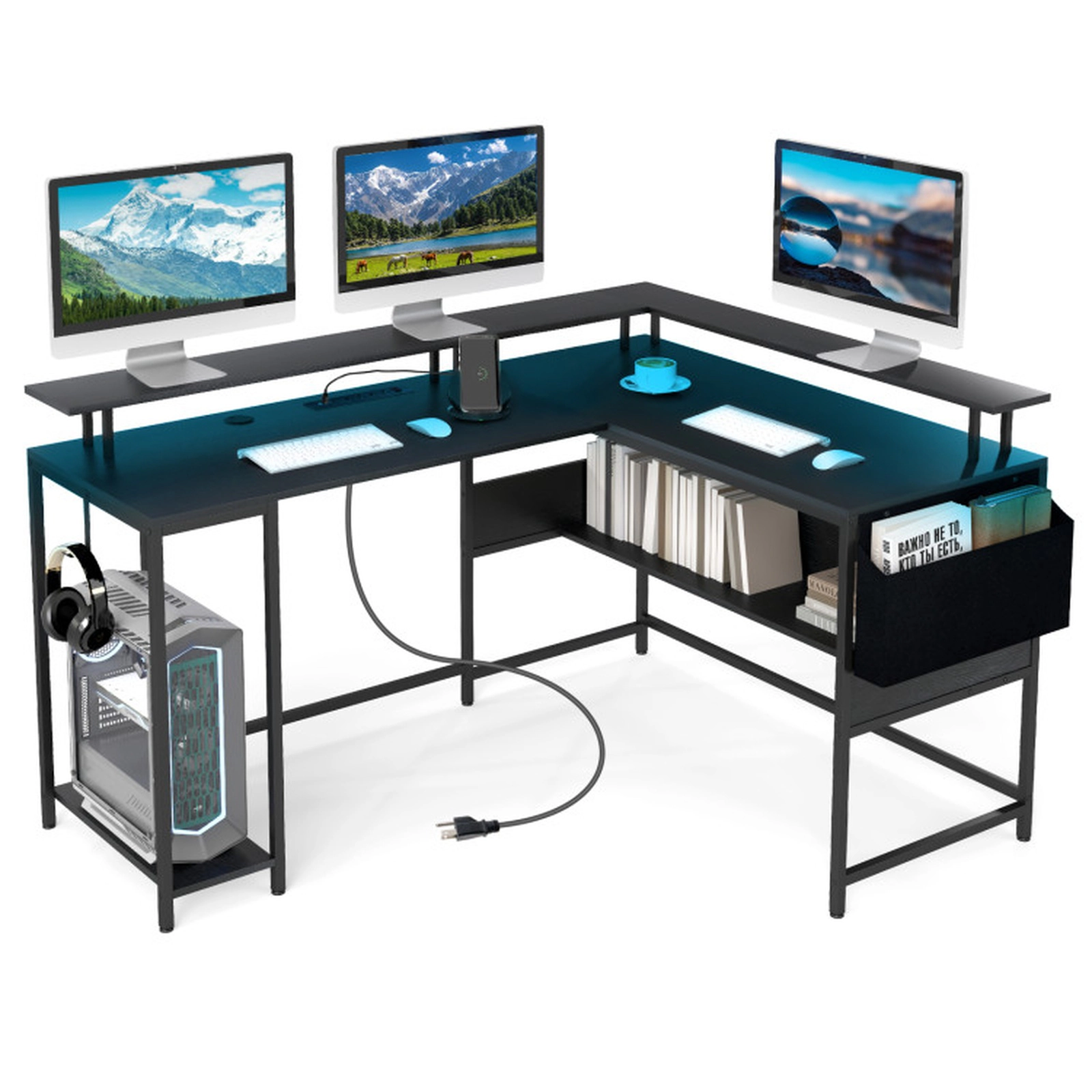 SUGIFT 200-lb Capacity Black L-Shaped Gaming Desk with RGB LED Lights Power Outlets and Storage Bag