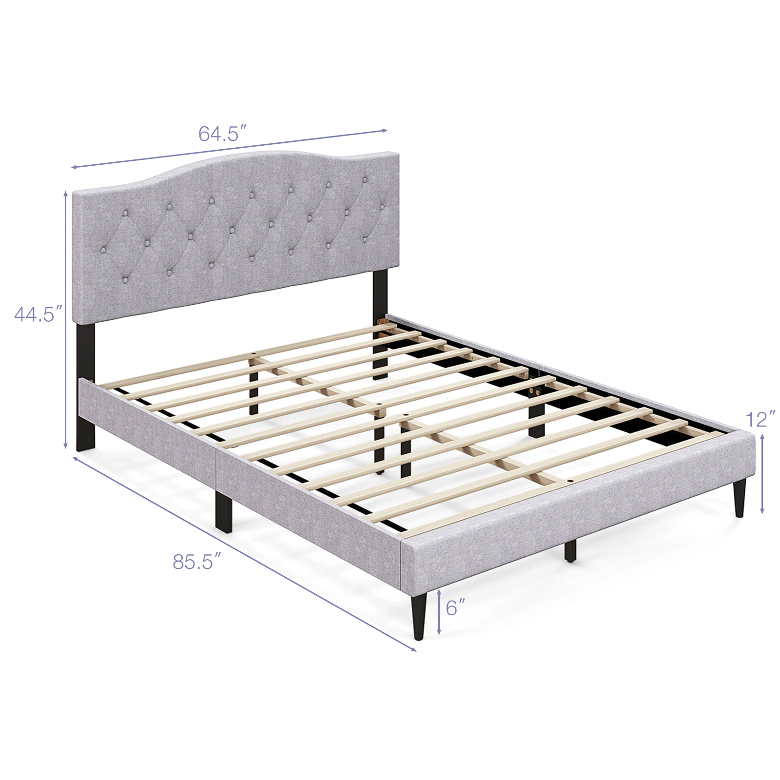 SUGIFT Button Tufted Upholstered Queen Platform Bed Frame with Linen Headboard 800-Lb Capacity 85.5-in Length Gray