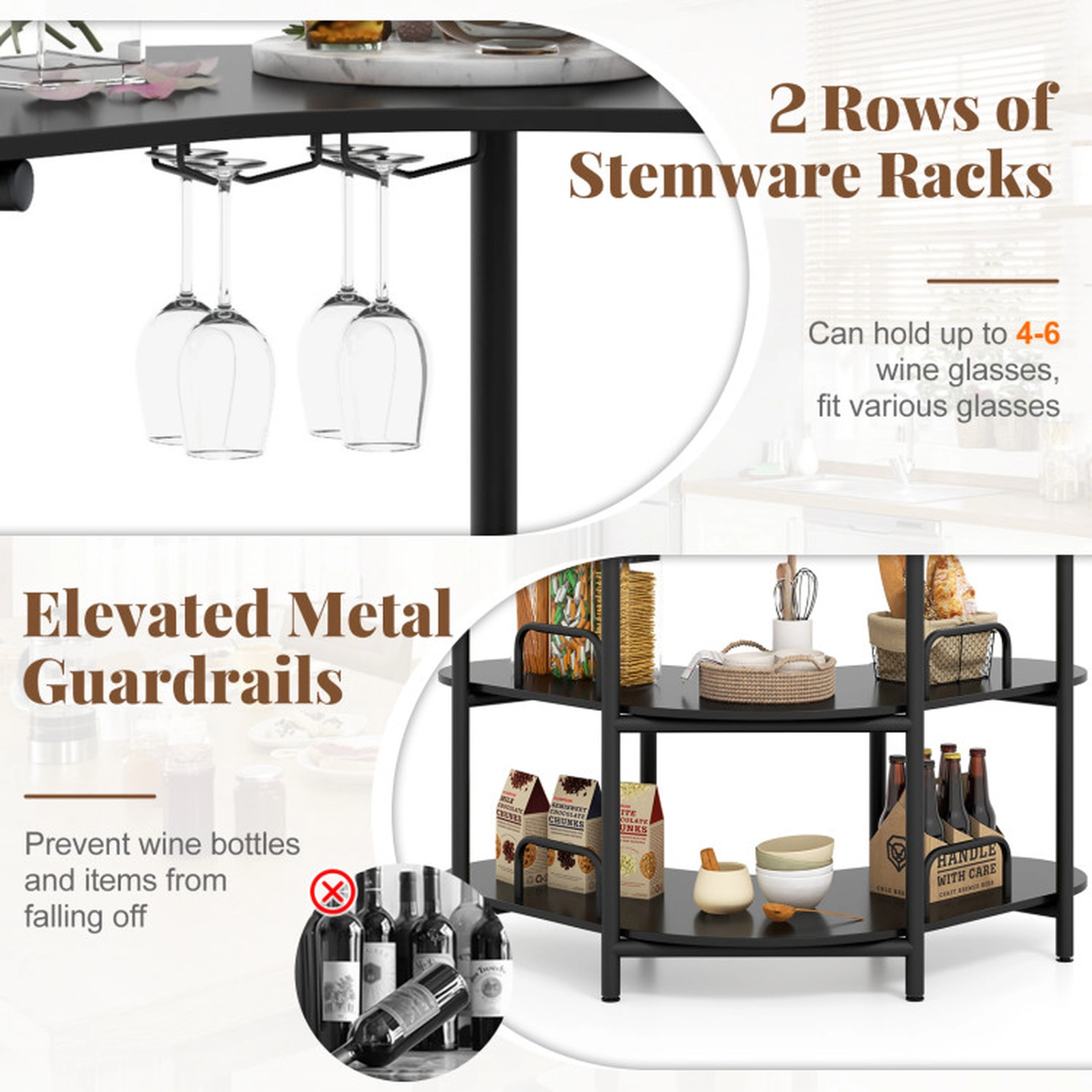 SUGIFT 3-Tier Liquor Bar Table with Stemware Racks and Storage Shelves 200-lb Capacity Rustic Brown & Black