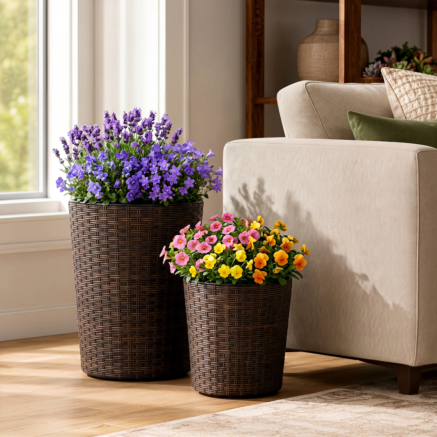 LJG Set of 3 Plastic Planters with Drainage Holes and Saucers for Porch and Garden