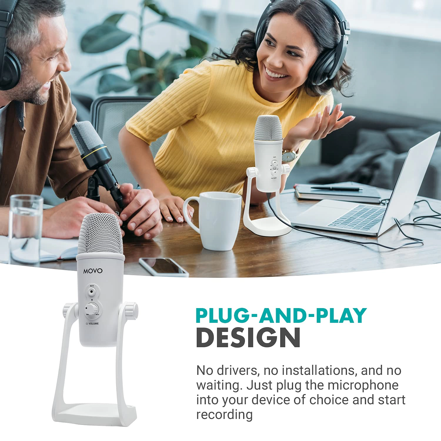 Movo UM700W White Desktop USB Microphone for Computer - Studio Mic with 4 Pickup Patterns - USB Gaming Microphone
