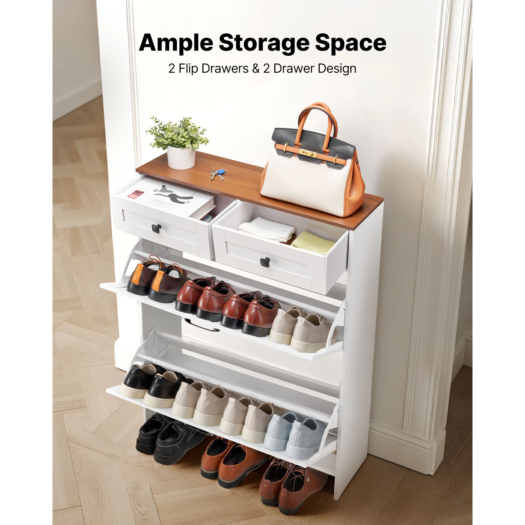 HONGGE Shoe Cabinet with Flip Drawers, Shoes Storage Cabinet with Anti-Tipping Device