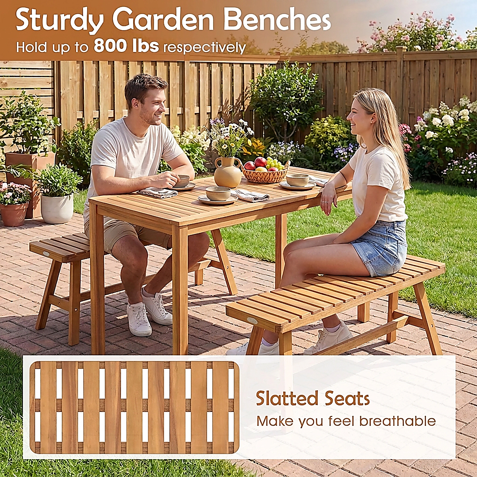 SUGIFT 42 in Acacia Wood Garden Bench Natural Backless Outdoor Bench with 800 lbs Capacity