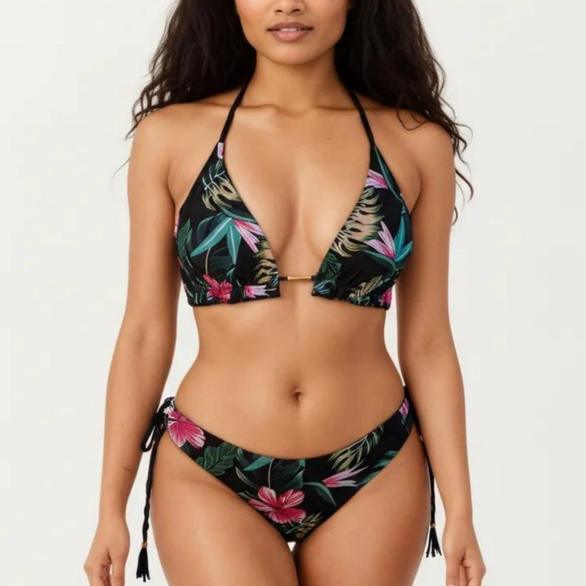 Anna-Kaci Women's 2-Piece Halter Bikini Set with Tropical Print and Tie Side Bottom