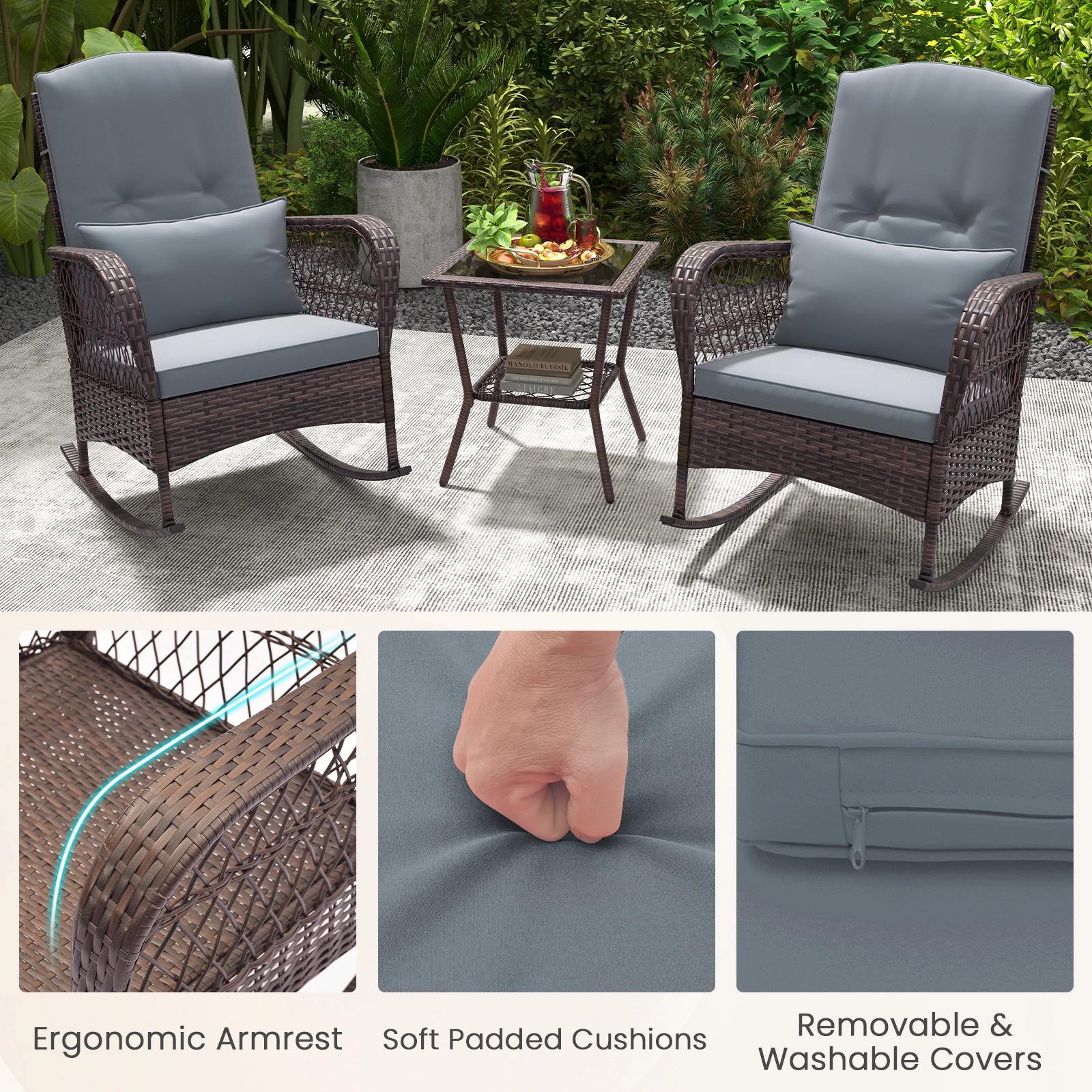 SUGIFT 3-Piece Rocking Conversation Bistro Set 2-Tier Coffee Table 440-lb Rocker Capacity Mix Brown Rattan Gray Cushions