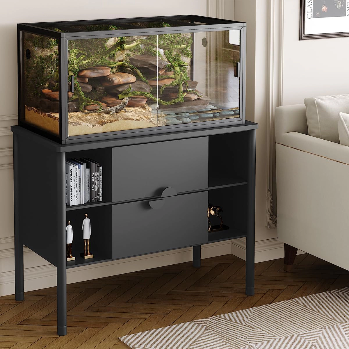 48x24x24 Inch Carbon-Steel Reptile Terrarium, Glass-PVC Lizard Snake Habitat Enclosure