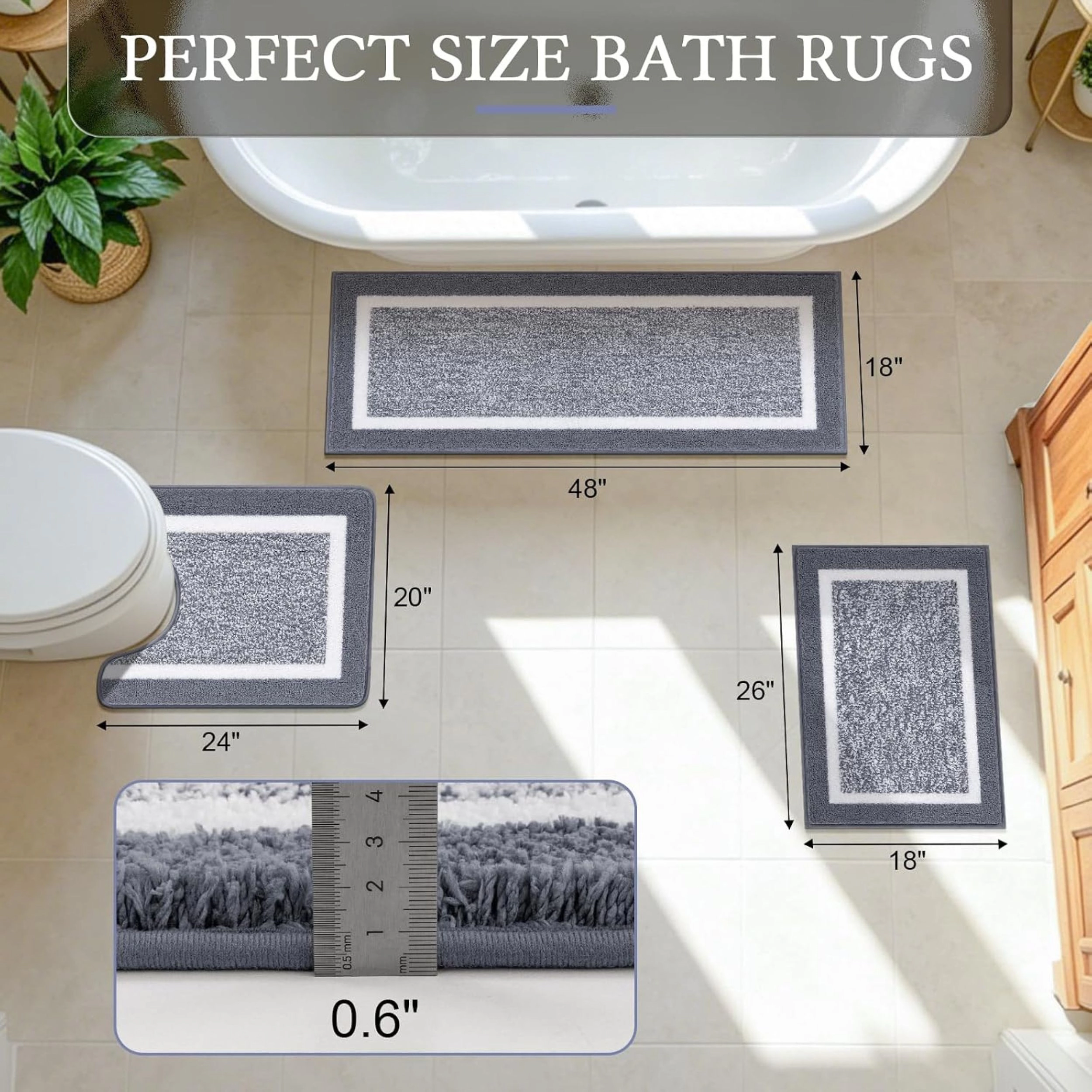 Stock Preferred Pack of 3 Plush Microfiber Non Slip Bathroom Rug Set