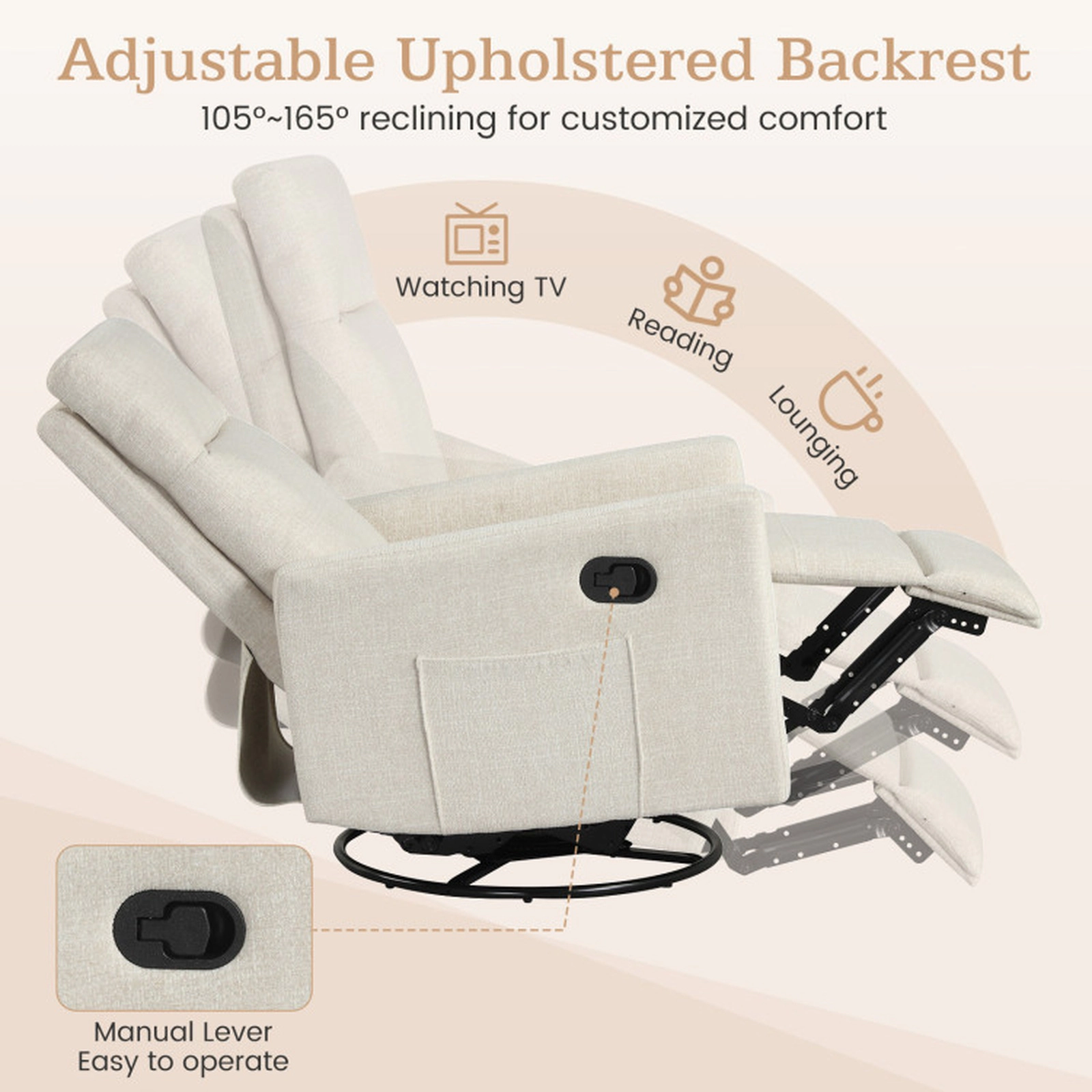 SUGIFT 360-Degree Swivel Reclining Upholstered Nursery Rocking Chair 35.5-in x 24.5-in x 38-in 330-lb Capacity Beige