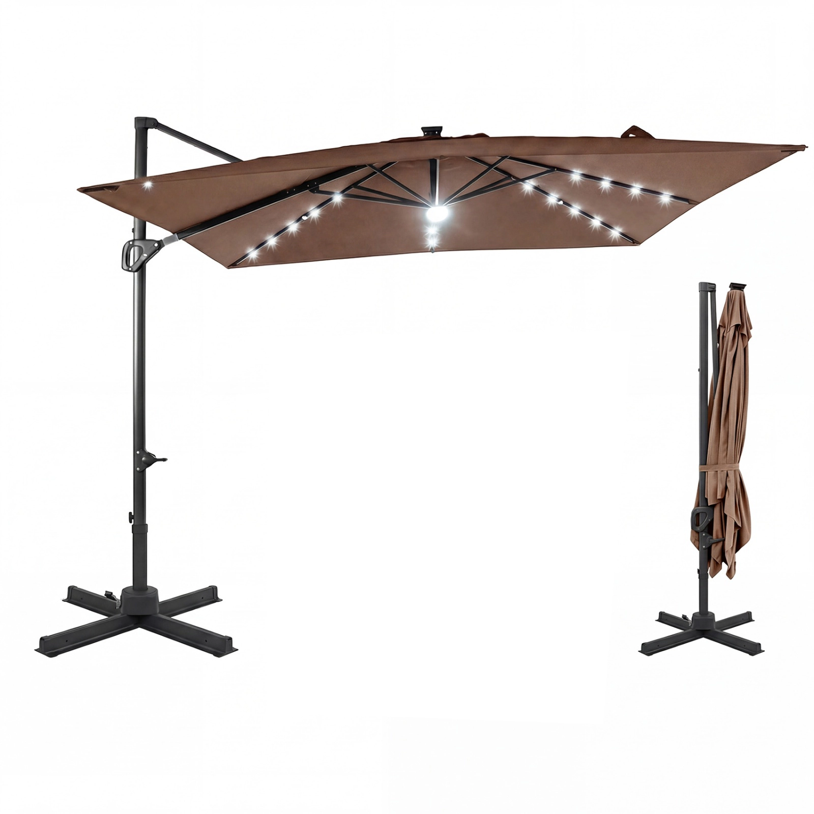SUGIFT 10-Ft Tan Offset Cantilever Patio Umbrella with Solar LED Lights, Crank Lift and Vented 2-Tier Canopy
