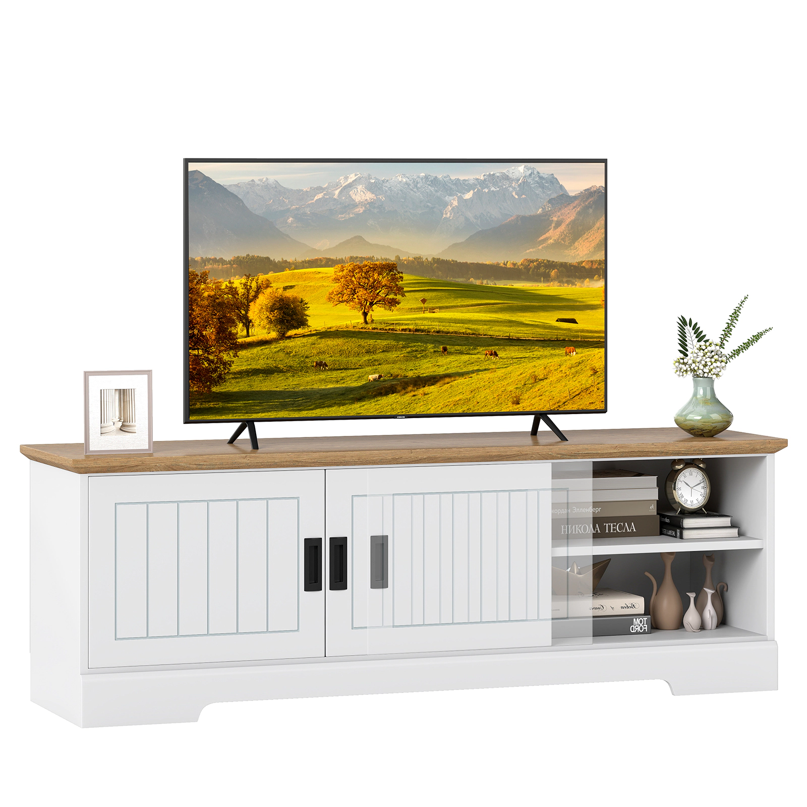 Glintex 59-Inch Farmhouse TV Stand with Sliding Doors and 6 Cable Holes, White & Oak