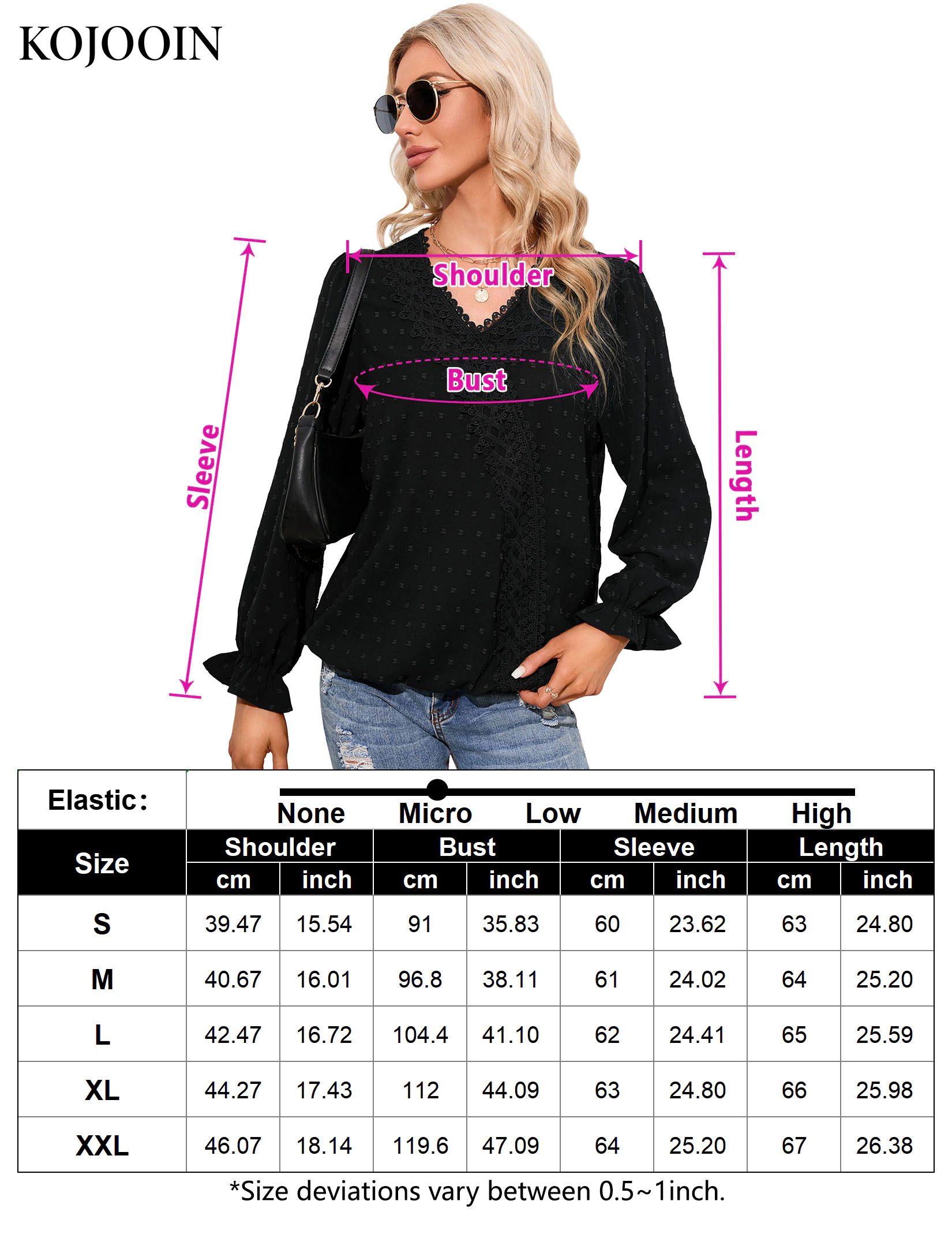 KOJOOIN Women's Tops Long Sleeve V Neck Lace Chiffon Blouses Dressy Casual Pom Poms Shirts
