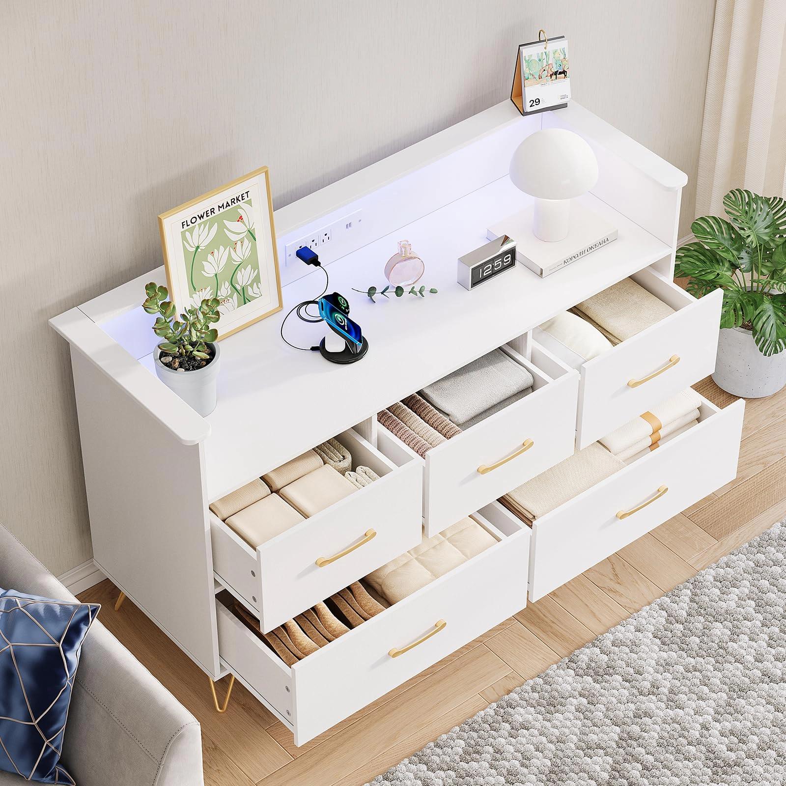 47" 5 Drawer Dresser with LED Lights & Charging Station, Wood Storage Chest