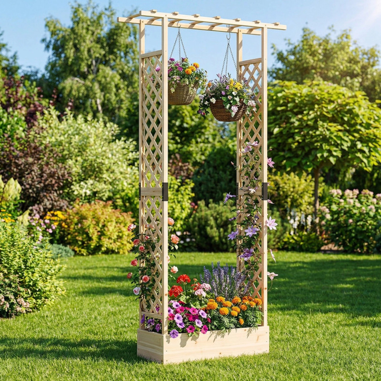 SUGIFT 89-in Tall Wooden Raised Garden Bed with Side Trellis and Hanging Roof 110-lb Capacity Natural/Orange
