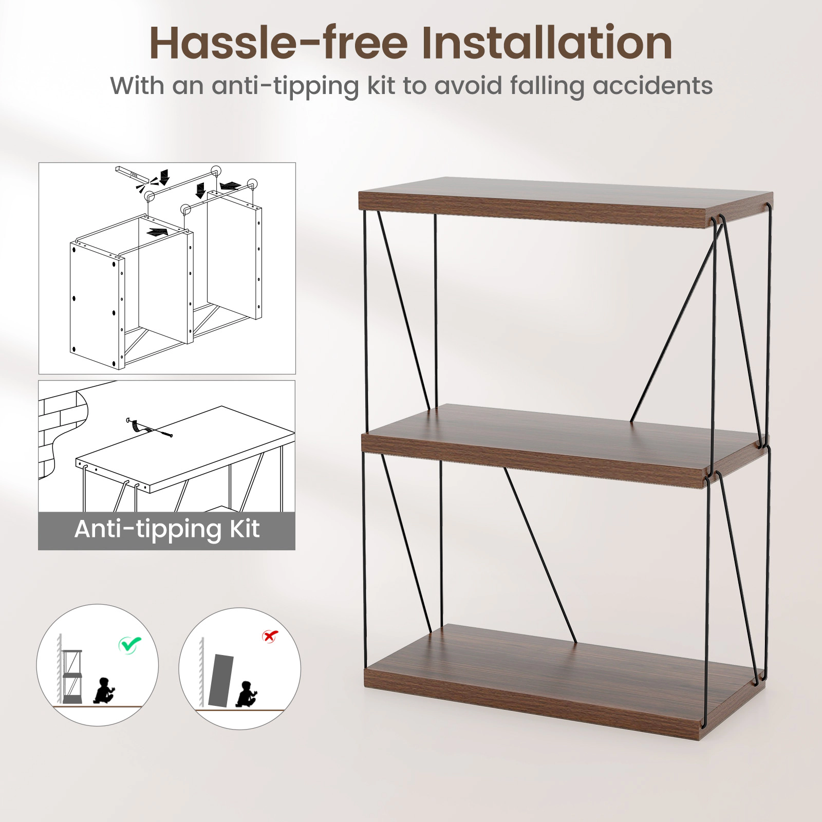 SUGIFT Walnut 3-Tier Multipurpose Display Rack 58 in with Metal Frame
