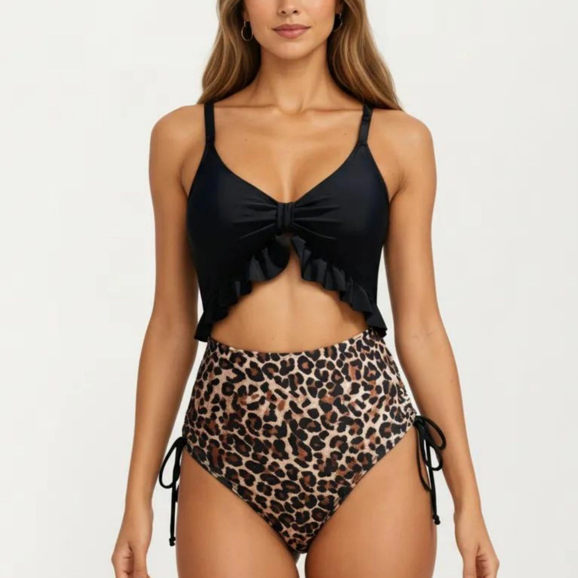 Anna-Kaci Women Cutout One-Piece Swimsuit - Ruffle Front Tie, High-Waisted Leopard Print
