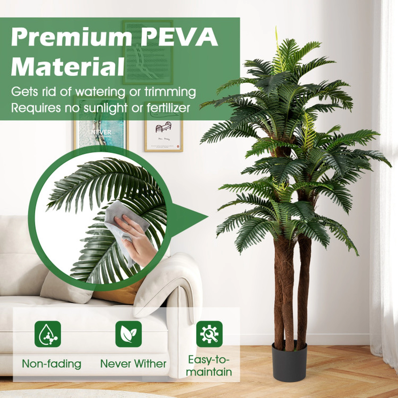 SUGIFT Set of 2 6.3-ft 45 Large Leaves Cement-Cast Pot Artificial Palm Trees 75-in Tall 7.5-in x 6.5-in Pot Green