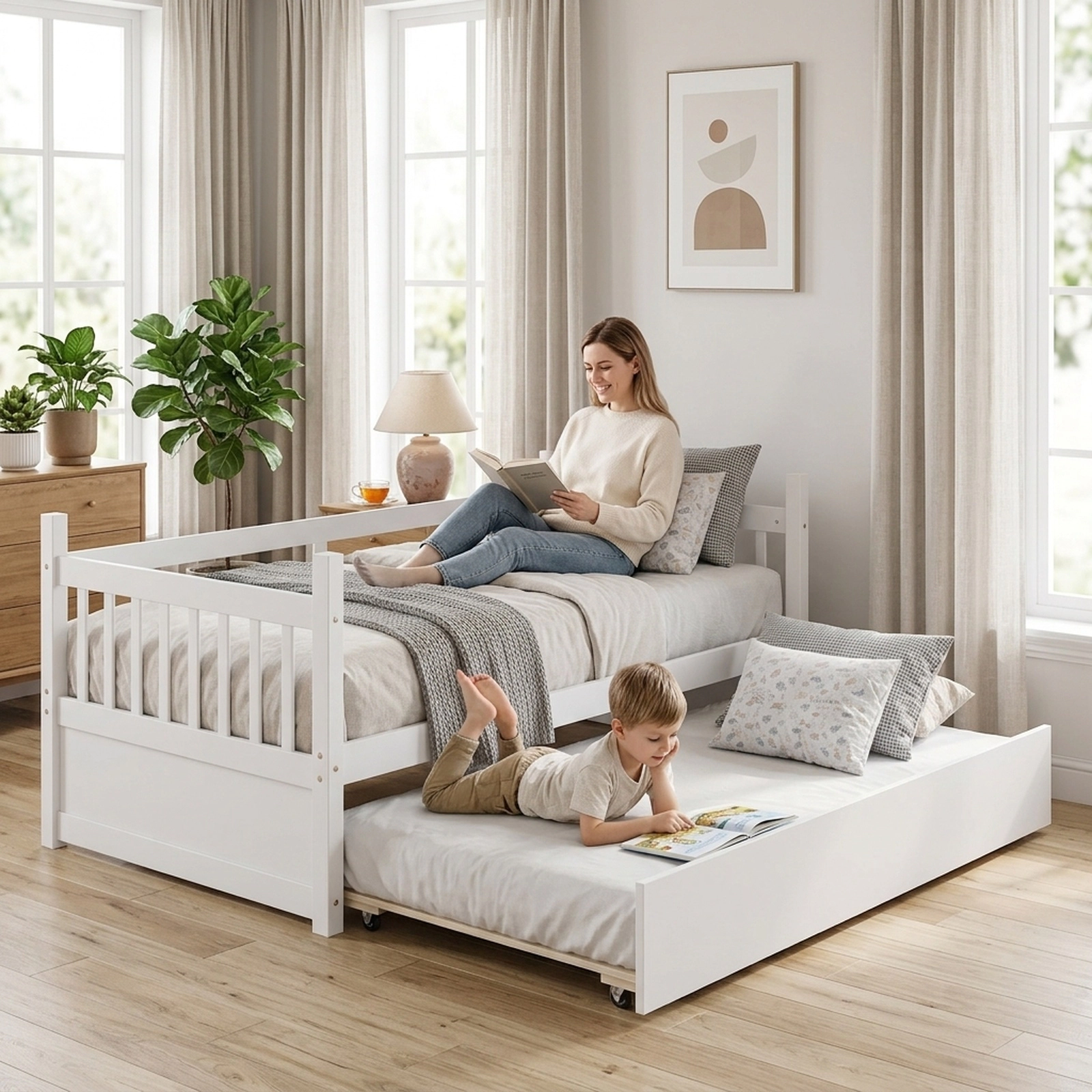 SUGIFT Twin-over-Twin Bunk Bed with Pull-Out Trundle, Ladder and Guardrails, White