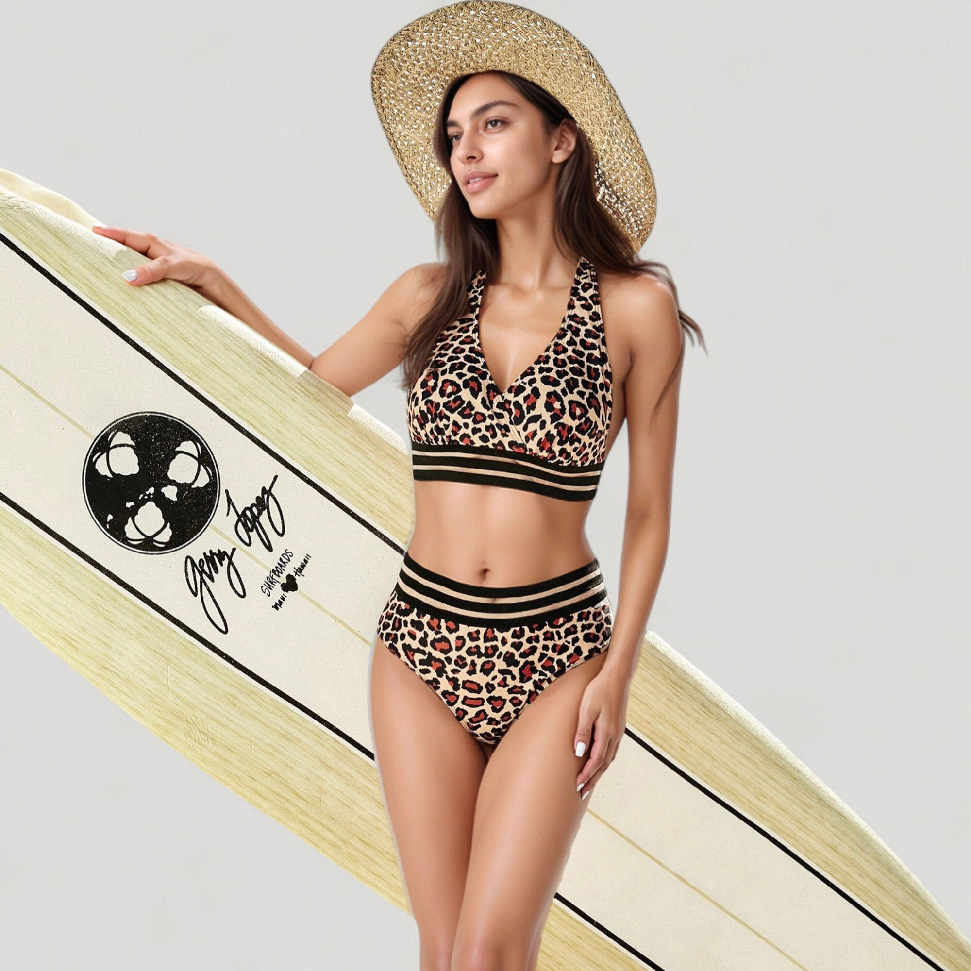 Anna-Kaci Women's Leopard Print Bikini Set with Striped Elastic Halter Top and High Waist Bottoms for a Sporty Wild Look