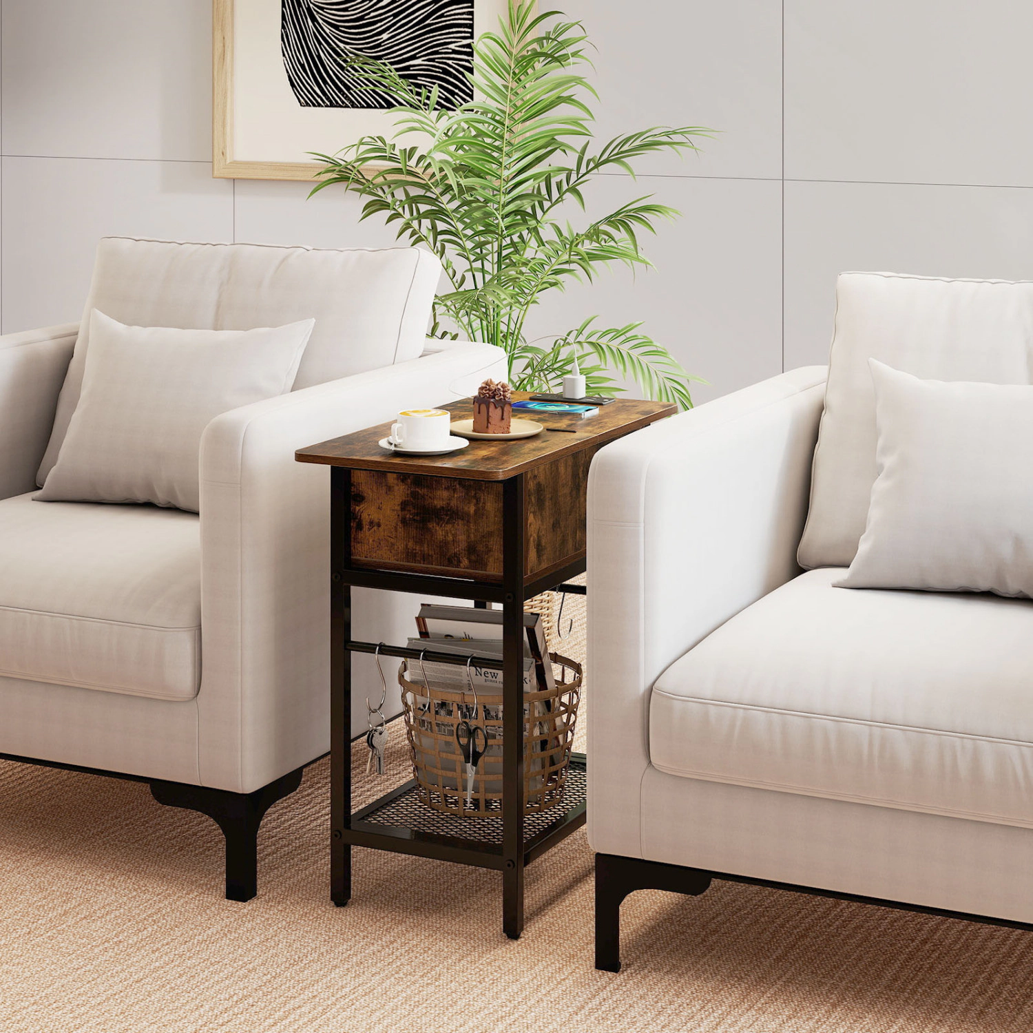 SlickBlue End Table with Charging Station, Storage Cabinet and Hooks