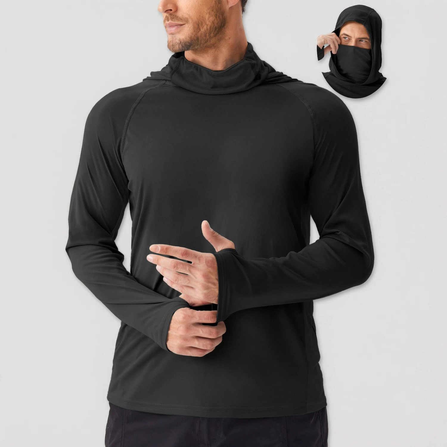 Pinspark Mens Sun Protection Hooded Long Sleeve Shirt Face Cover Thumbhole Pullover
