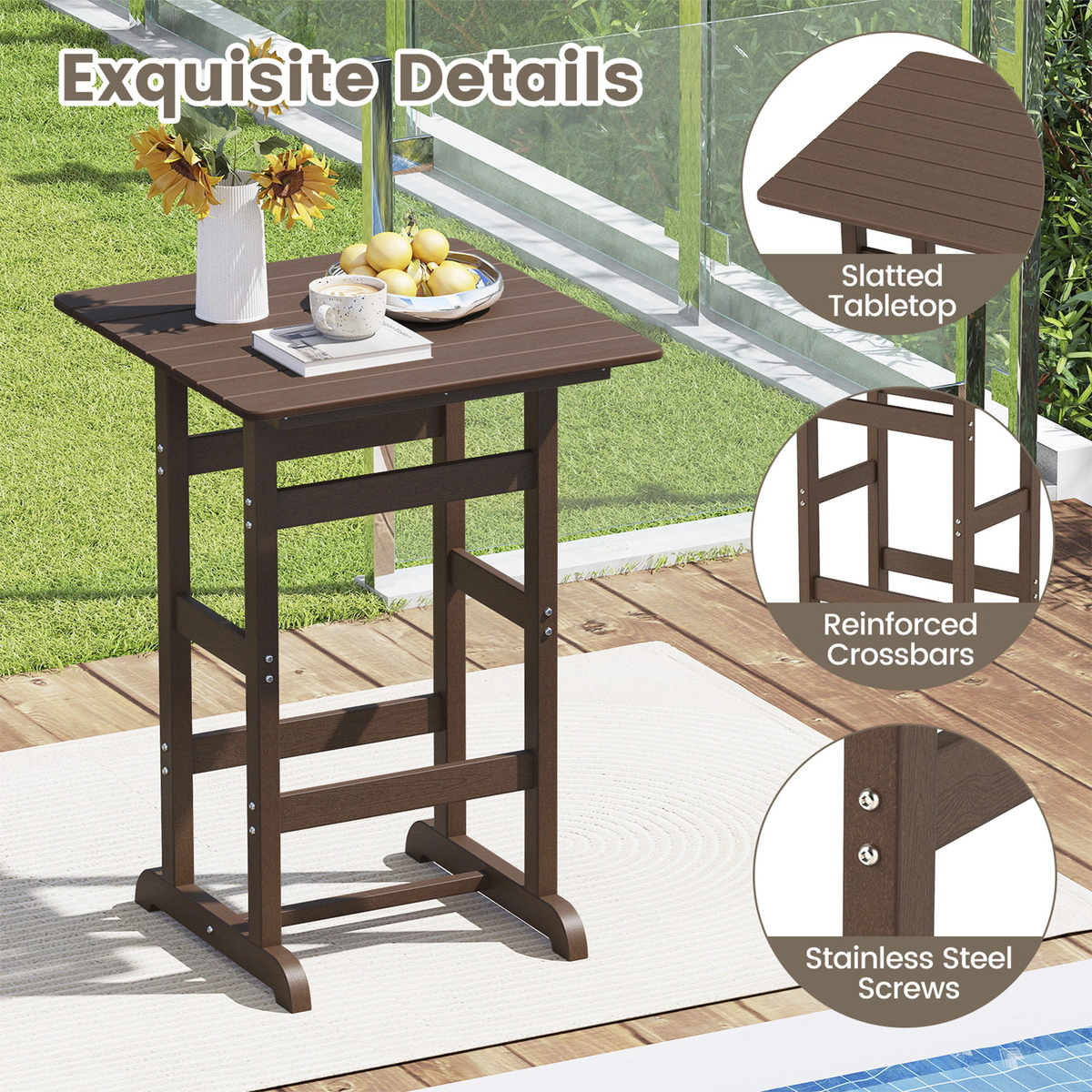 SUGIFT 30-in Square Bar Table Dining Table with Slatted Tabletop 135-lb Capacity for 25.5-31.5 in Bar Stools Brown