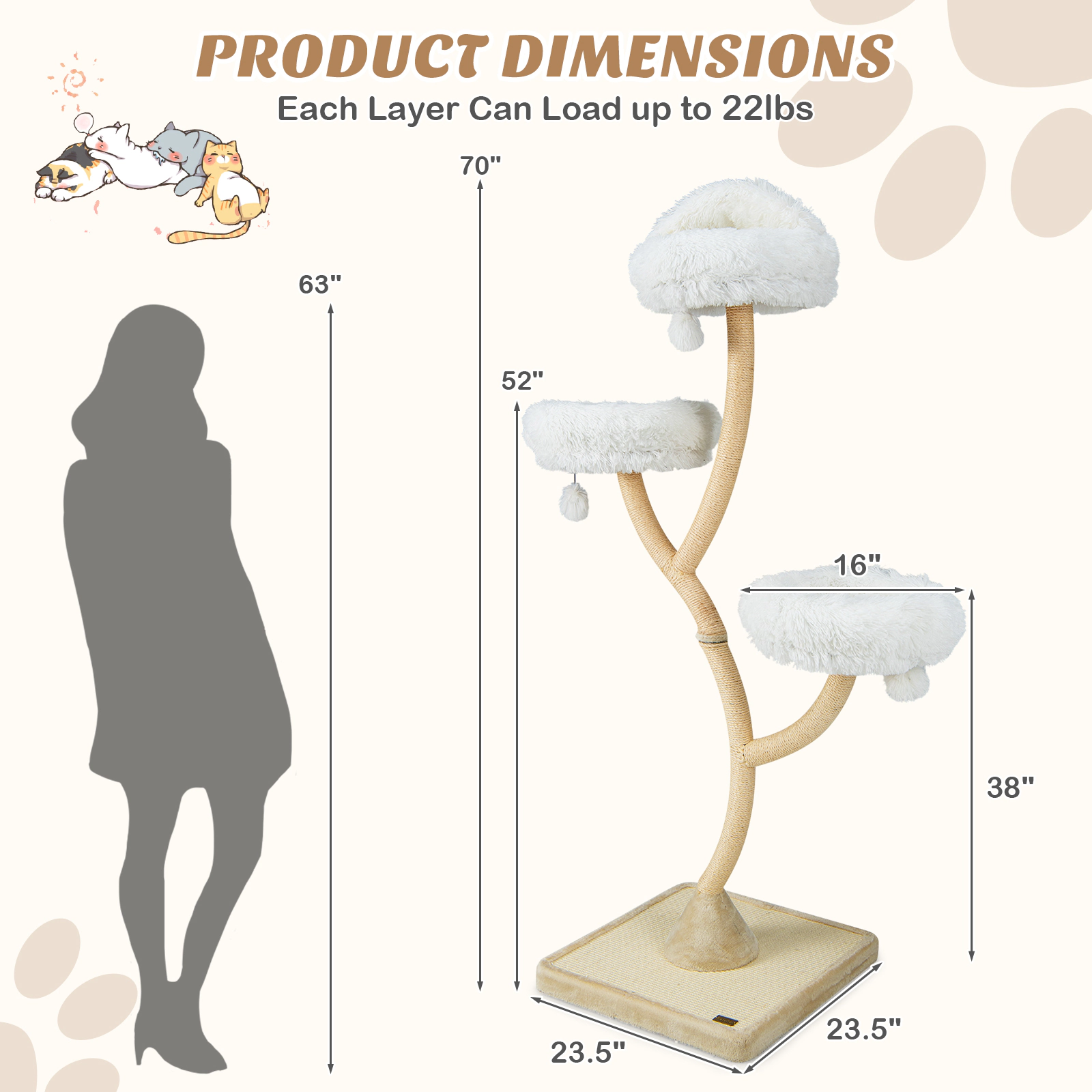 SUGIFT 70-in Tall Cat Tree Tower with Curved Metal Frame Three 16-in Round Perches and Sisal Posts