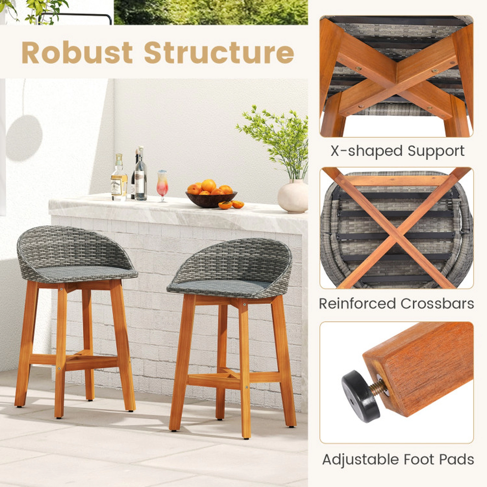 SUGIFT Acacia Wood Legs and Footrest 400-lb Set of 2 Outdoor Faux Rattan Bar Stools