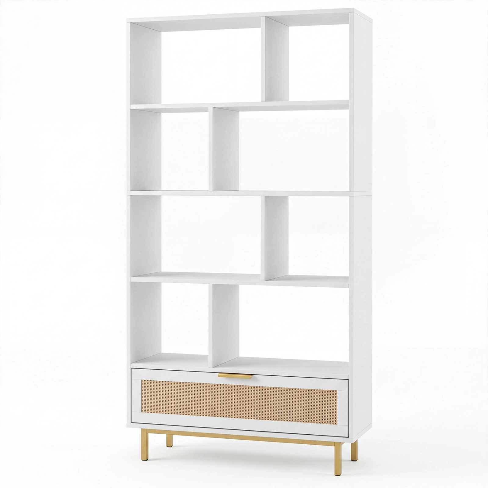 SUGIFT 6-Tier White 64-in Tall Boho Rattan Bookshelf with 8 Open Cubes Storage Drawer and Metal Legs