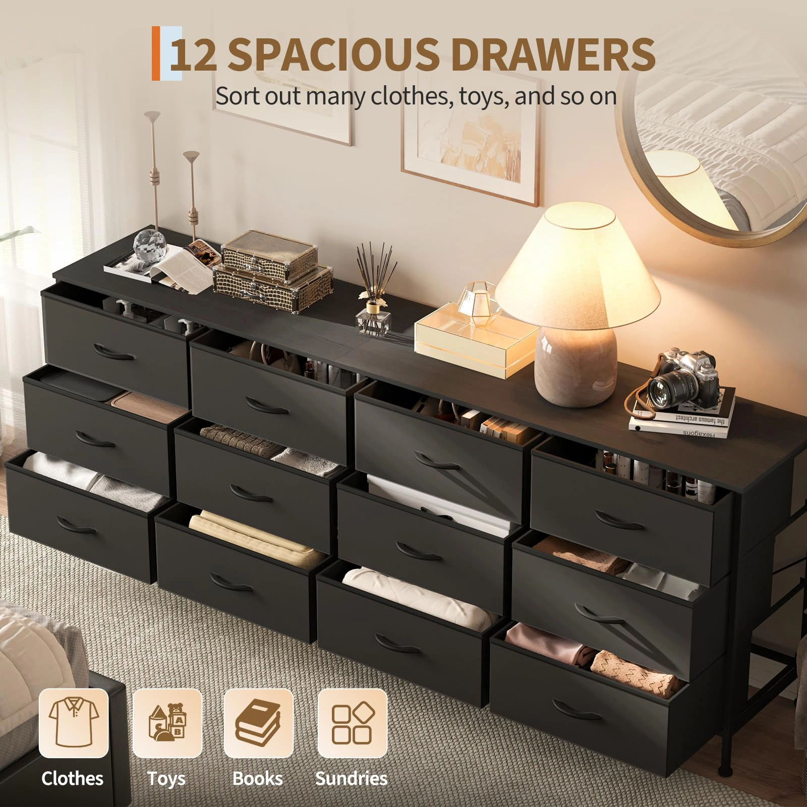 70.8" 12 Drawer Fabric Dresser TV Stand for Up to 80" with Wood Top