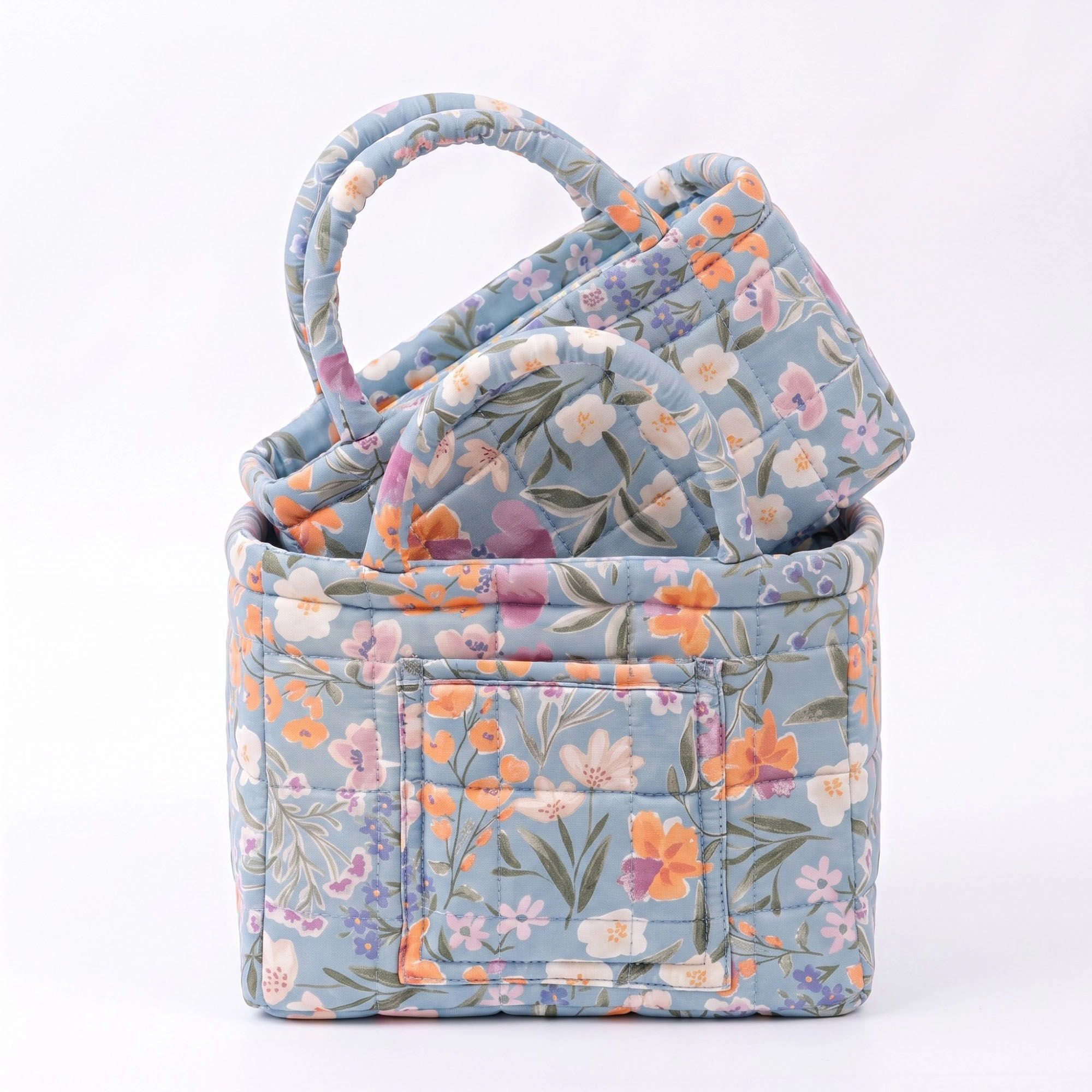 Alilang Unisex 2 Piece Quilted Floral Storage Tote Set with Handles and Front Pocket