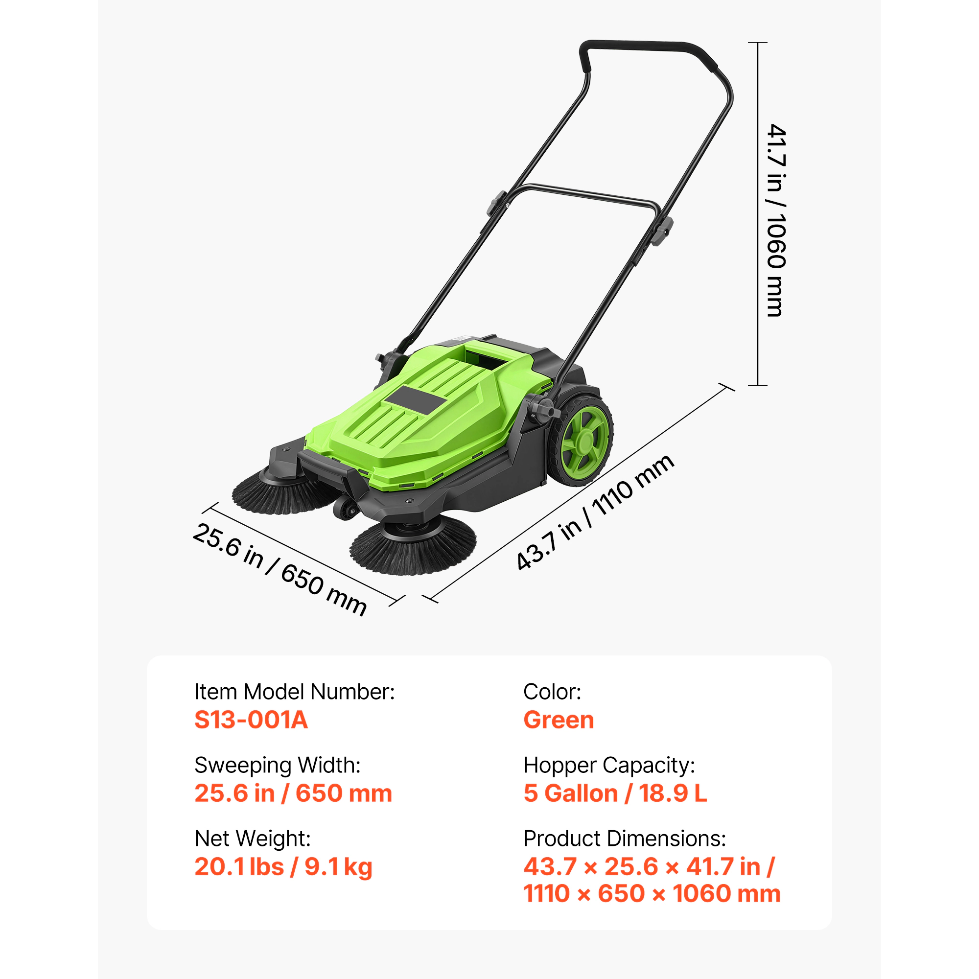 HONGGE Walk-Behind Hand Push Floor Sweeper Manual Non-Electric with 25.6" Sweeping Width 5 Gallons Waste