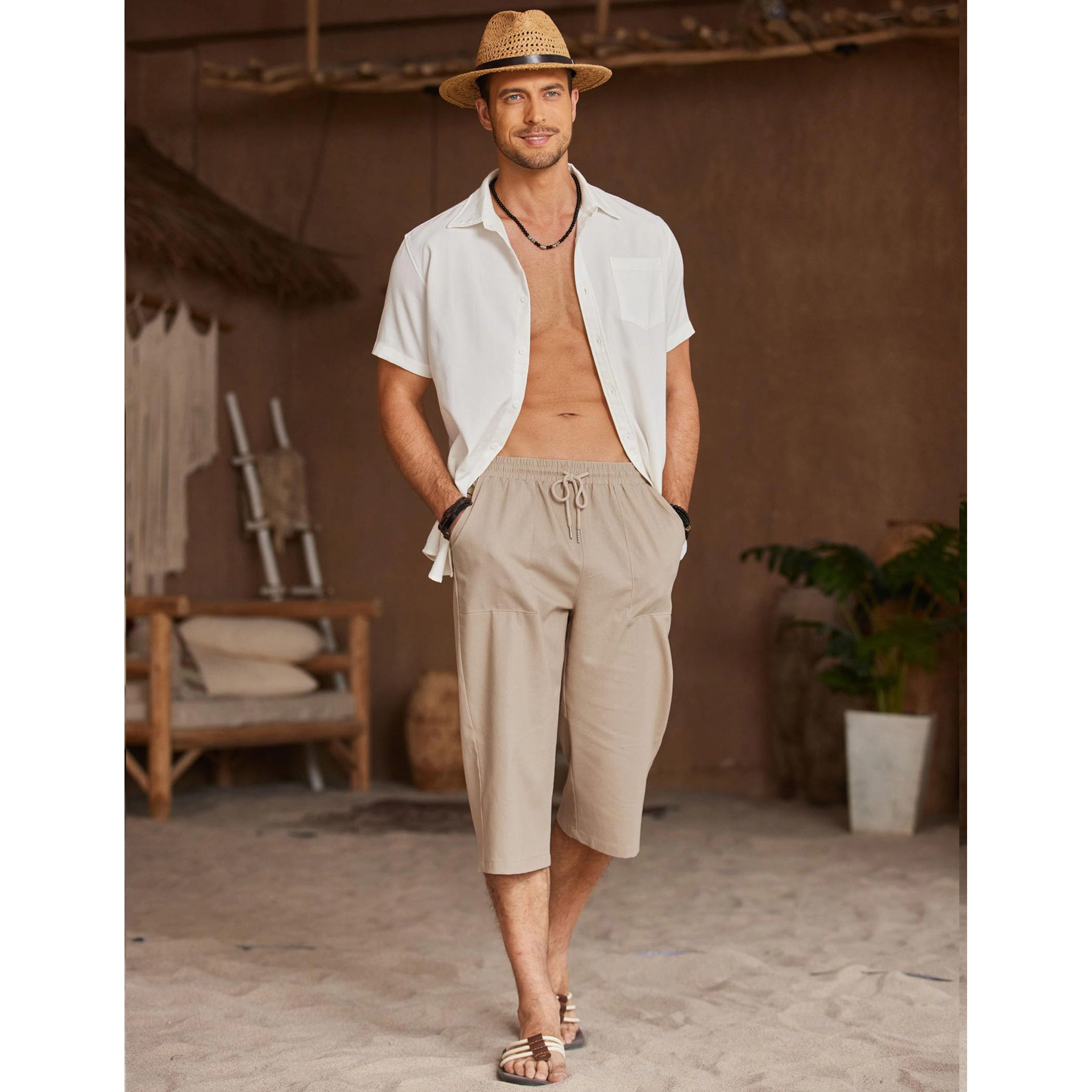 COOFANDY Men's Elastic Waist Drawstring Straight Leg Capri Pants