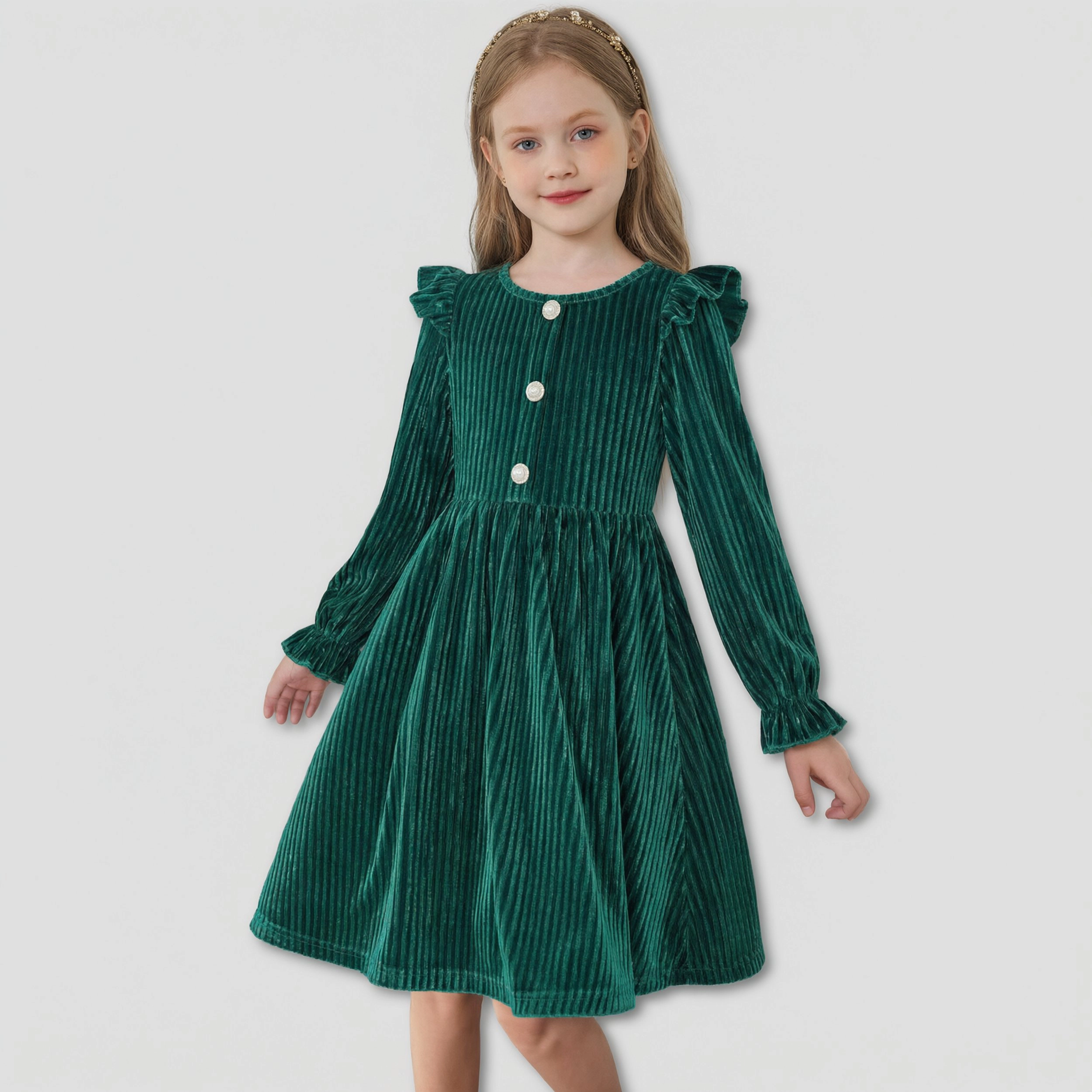 Arshiner Toddler Girls Long Sleeve Velvet Dress Ruffled Crew Neck Midi Aline Fall Vintage
