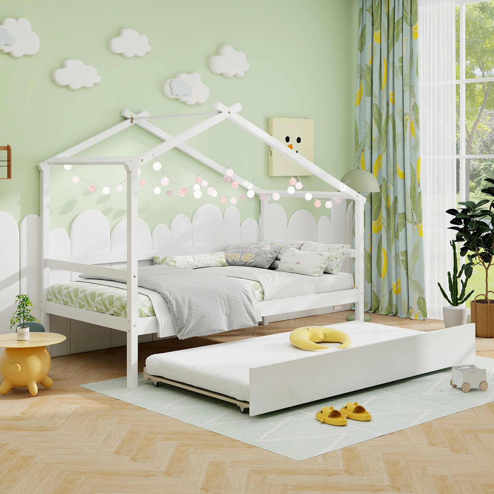 SUGIFT Kids Twin House Bed White with Trundle Roof Frame and Guardrails