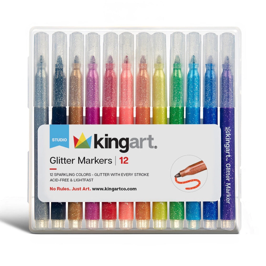KINGART Sparkling Glitter Markers - Fine Tip Set of 12 Colors