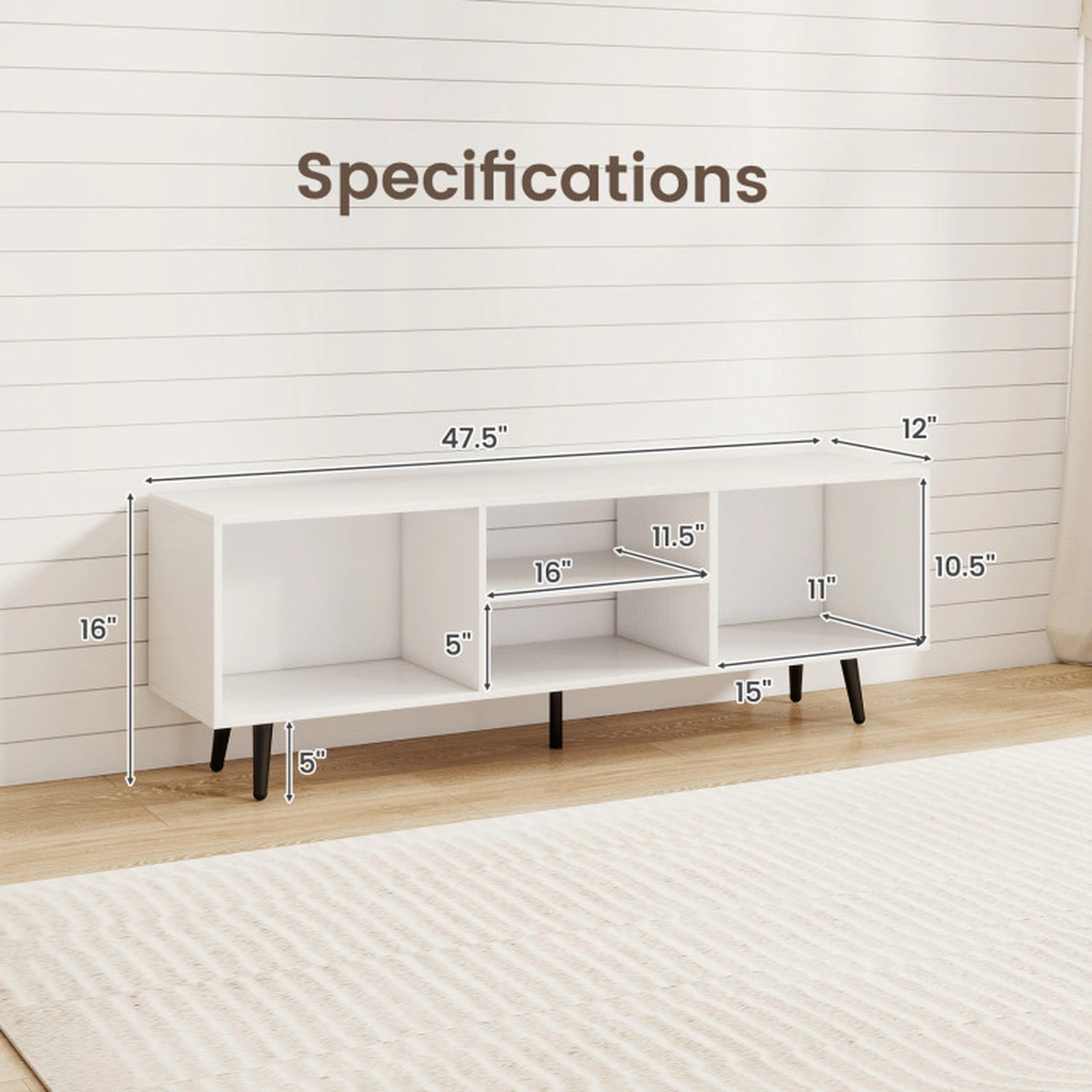 SUGIFT TV Stand for 55-Inch TV with 132-lb Countertop Capacity Compartments and Metal Legs White