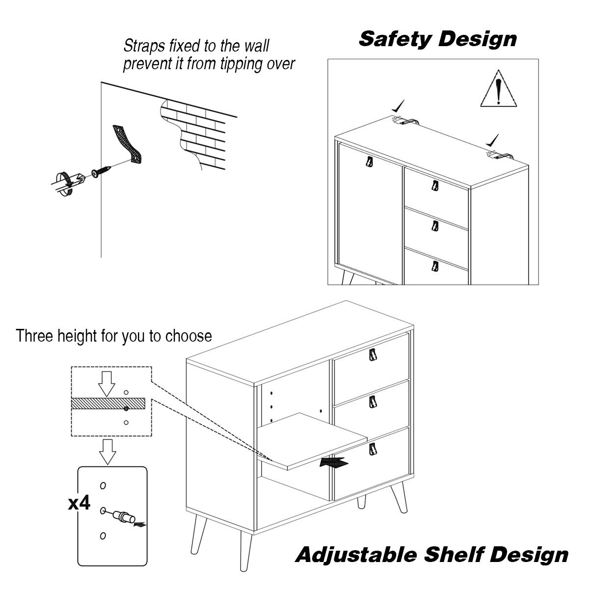 SUGIFT 3-Drawer Sideboard Storage Display Cabinet Dresser 35-lb Cabinet Capacity 20-lb Shelf 10-lb Drawer Brown