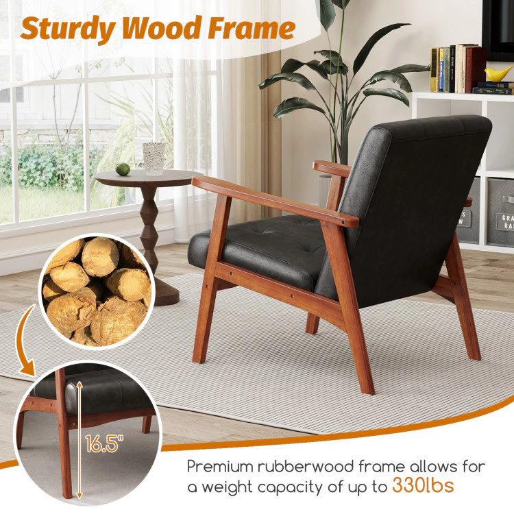 Hivvago Mid-Century Leather Upholstered Accent Chair with Solid Rubber Wood Frame