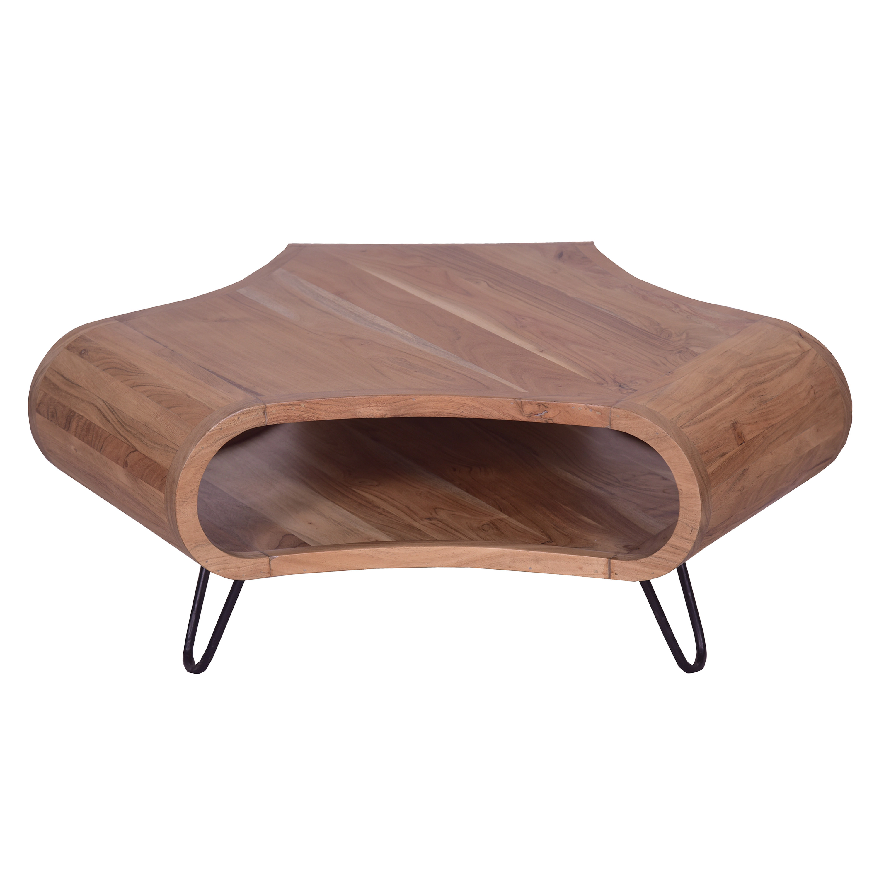 The Urban Port 37 Inch Coffee Table, Handcrafted Curved Hexagon Shape with Open Shelf, Brown Acacia Wood, Iron Legs