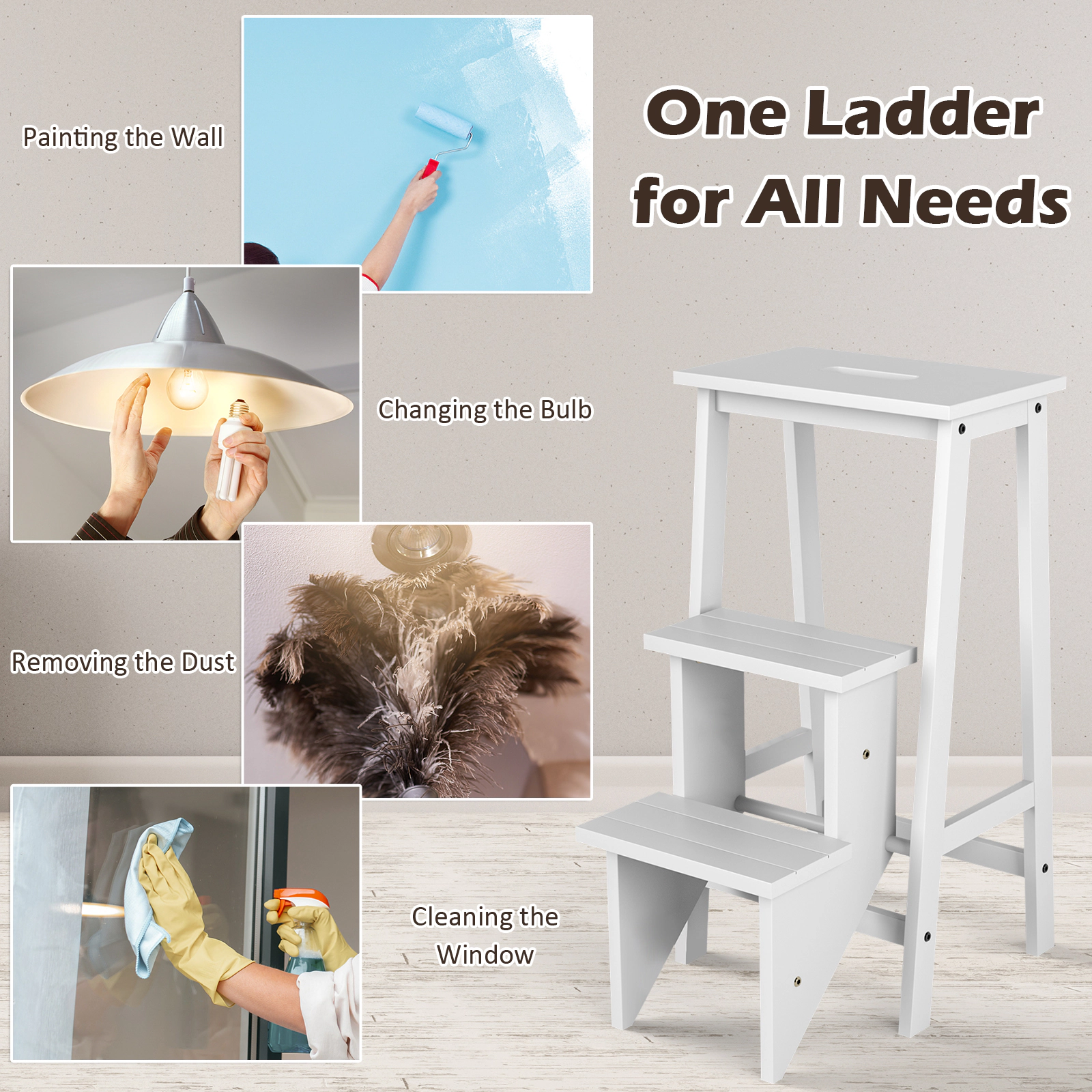 SUGIFT 3 Tier Step Stool White 3 in 1 Folding Ladder Bench in Rubber Wood