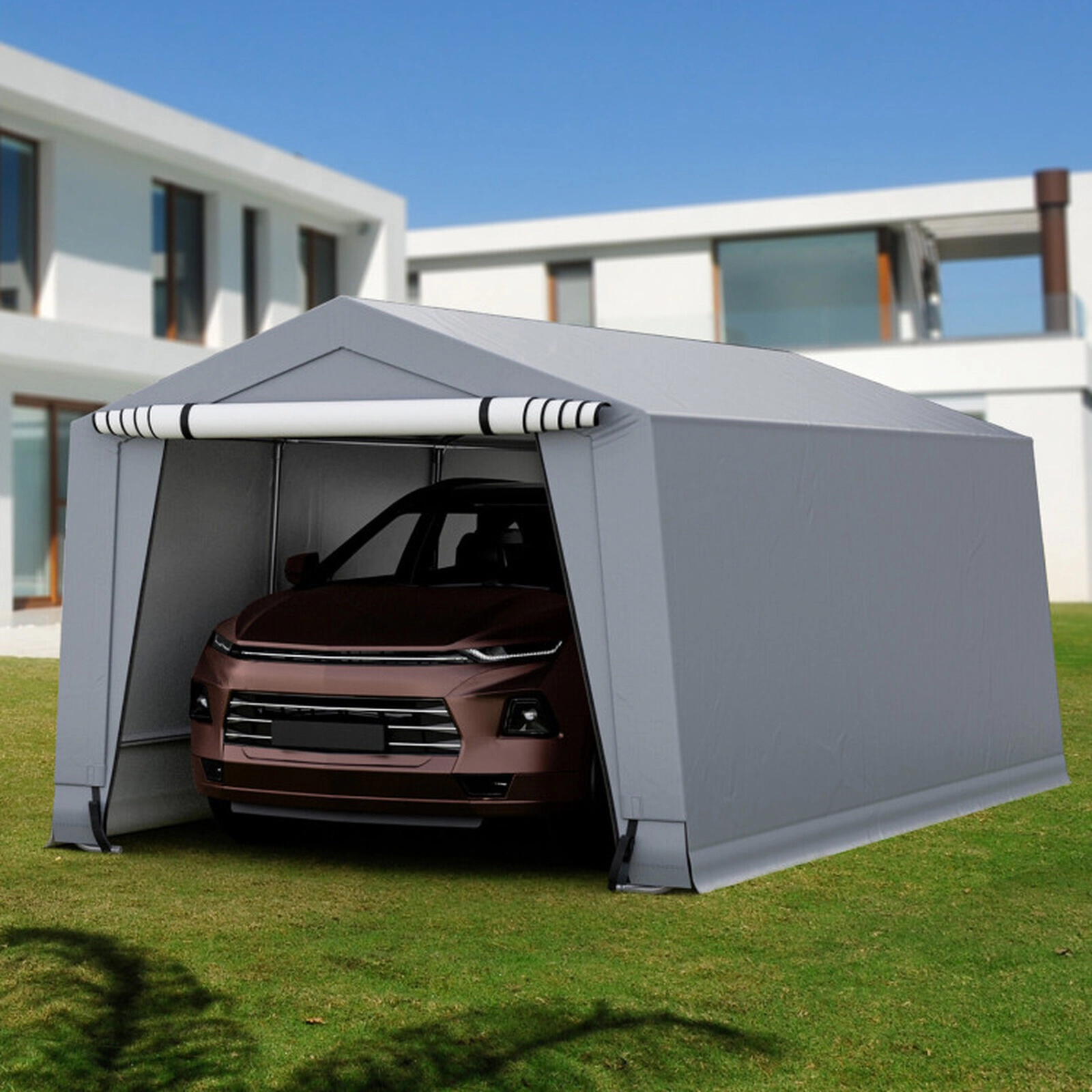 SUGIFT Gray 10-ft by 20-ft Galvanized Steel 200G PE Carport Canopy Shelter with 2 Removable Zippered Doors