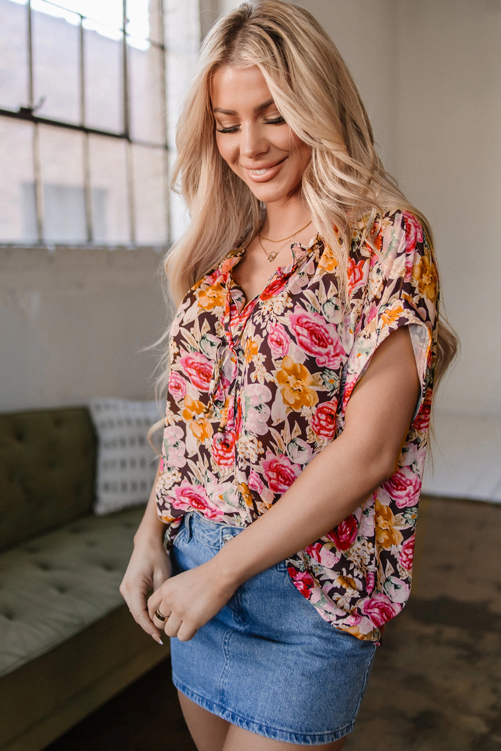 Threaded Pear Women's Rhea Floral  Crew Neck Blouse