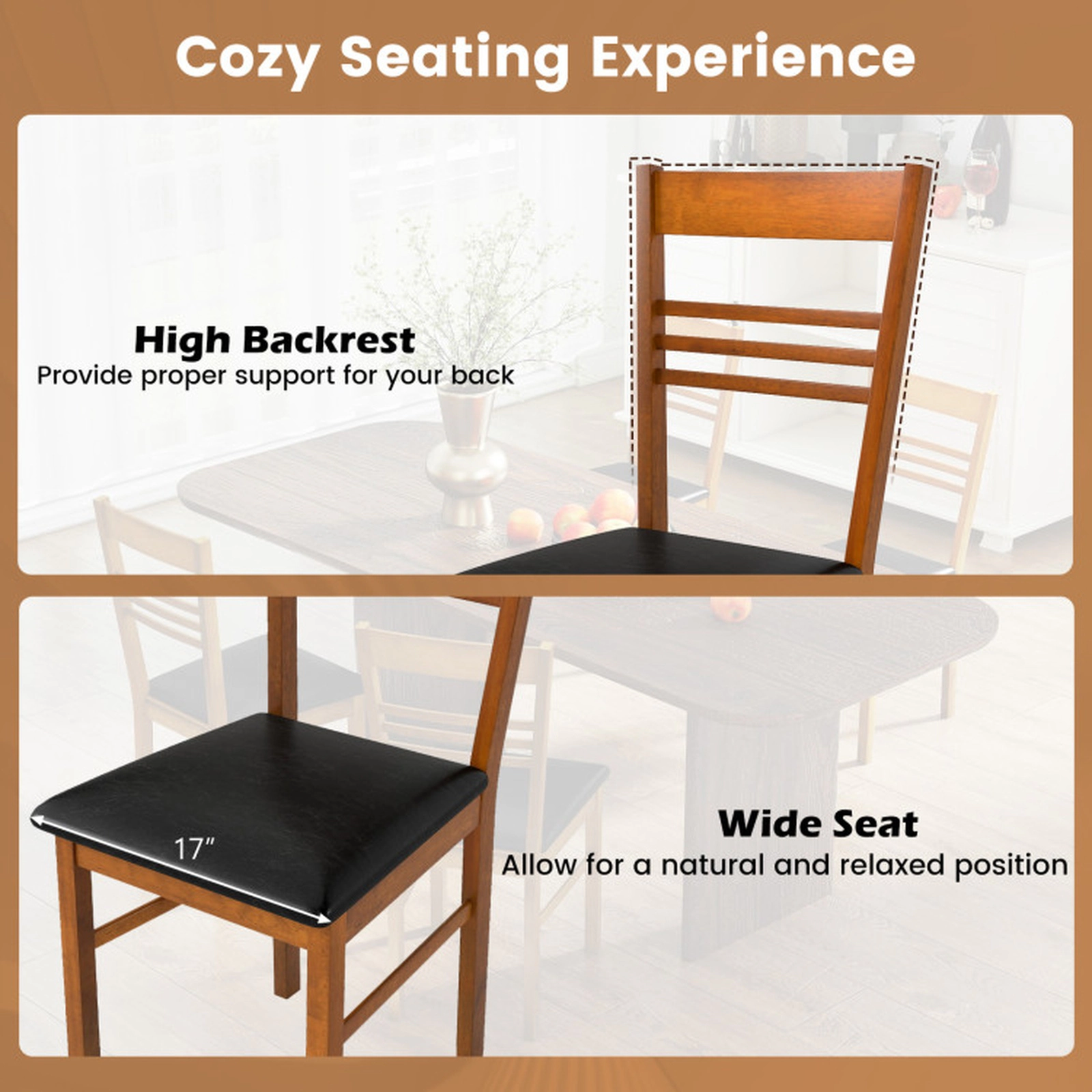 SUGIFT High Back Wood Dining Chair with Rubber Wood Frame 330-lb Capacity Walnut/White Frame Black/Brown Seat