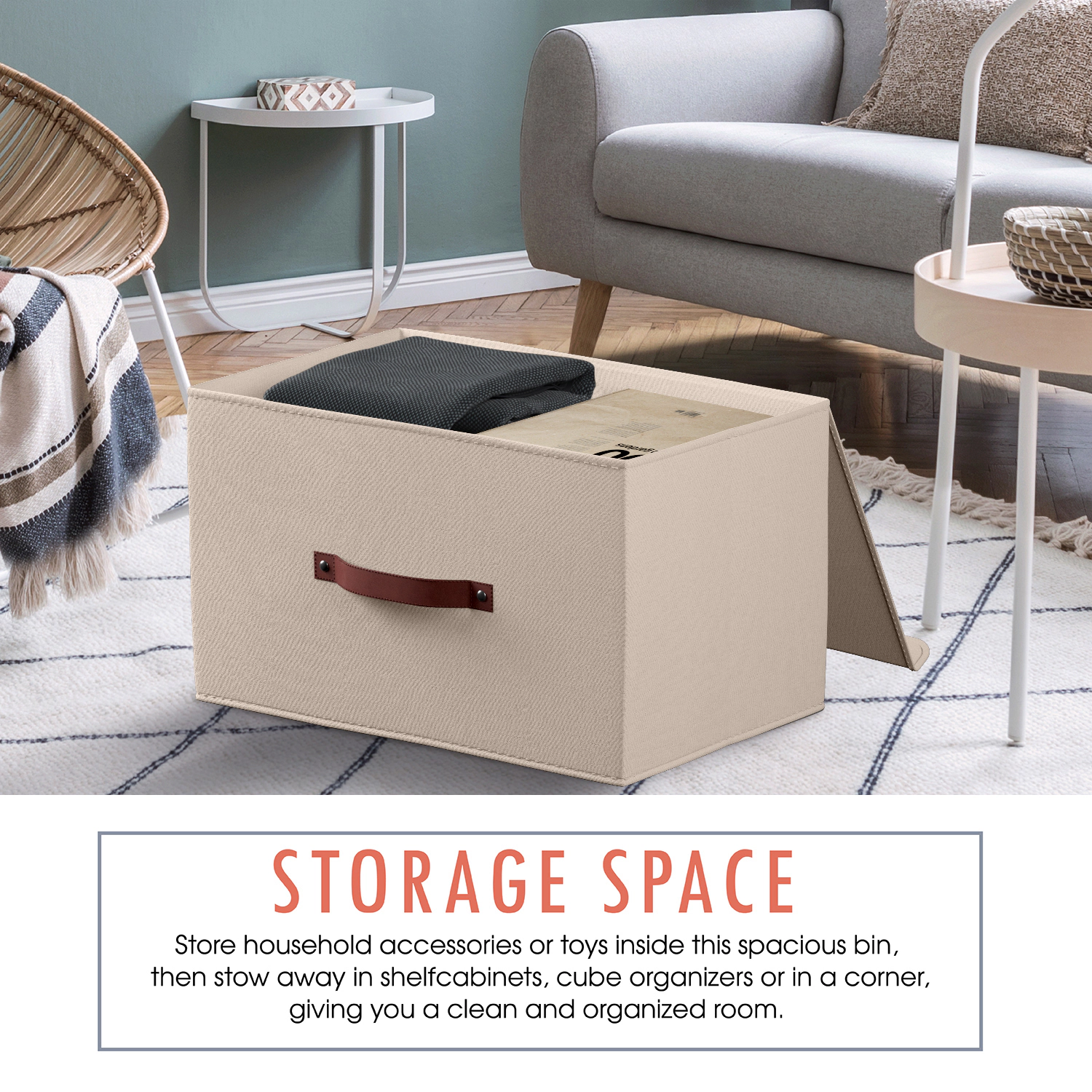 Ornavo Home 6 Pack Foldable Linen Storage Bin with Faux Leather Handles and Lid