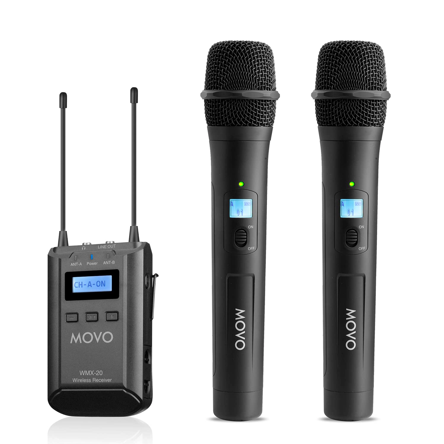 Movo 48-Channel UHF Wireless Microphone System with 2 Wireless Microphones and Receiver - Condenser Microphone Bundle