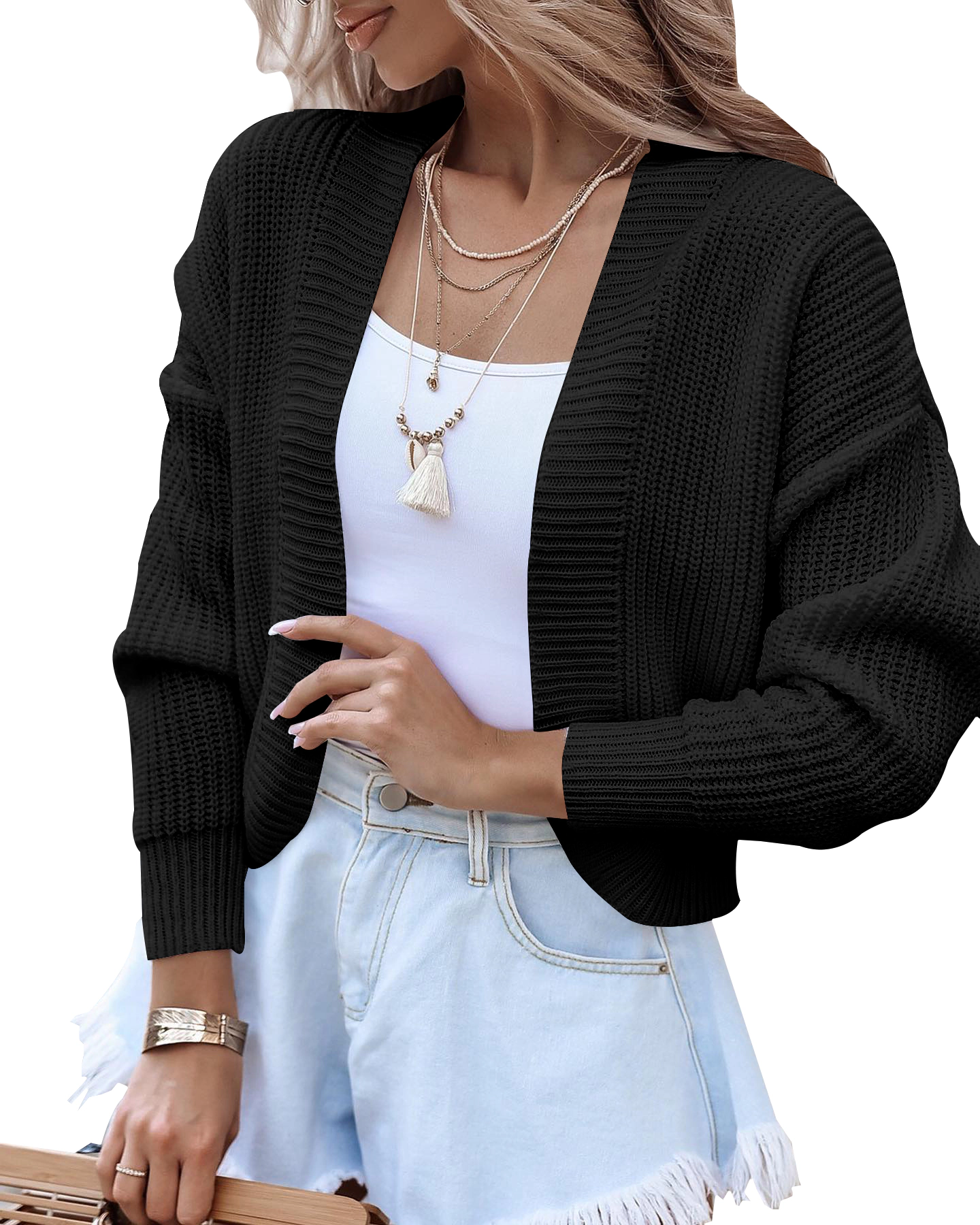 KOJOOIN Women's Open Front Cropped Knit Cardigan Shrug Loose Layering Short Sweater Cover Up