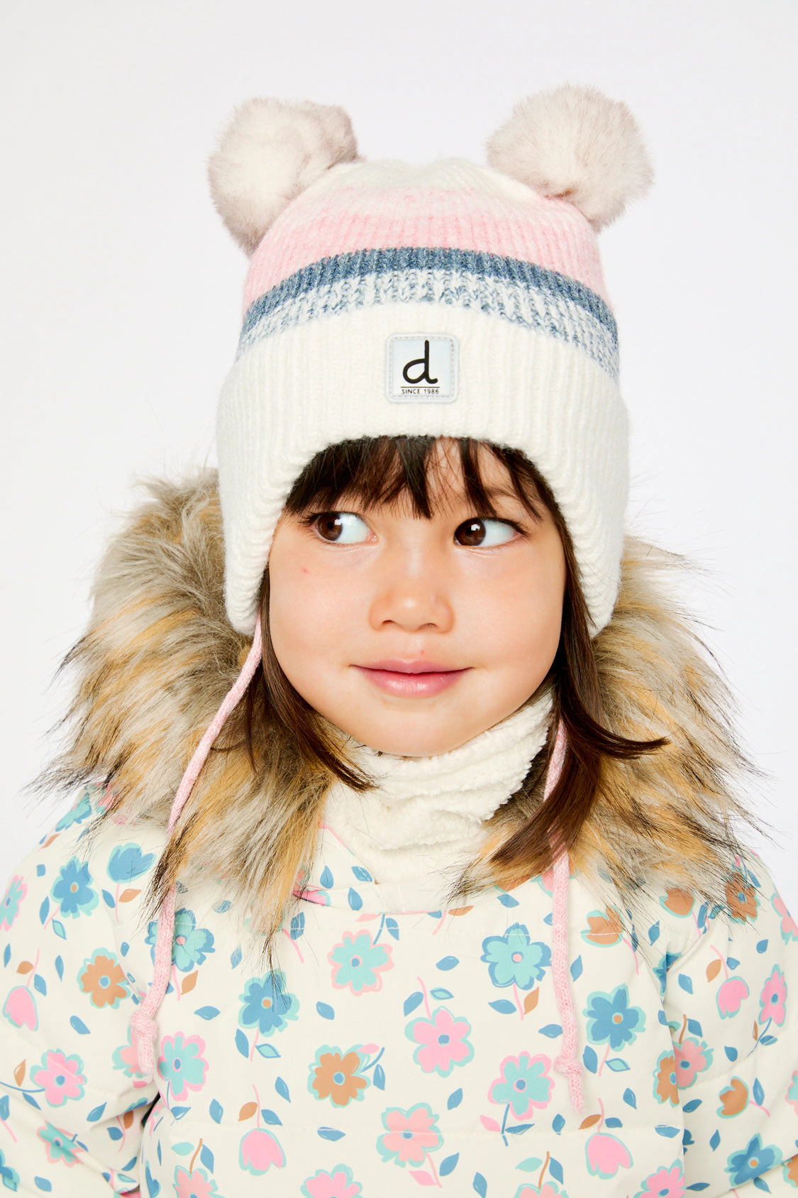 Deux par Girls Winter Knit Hat with Ear Flaps and Pompoms